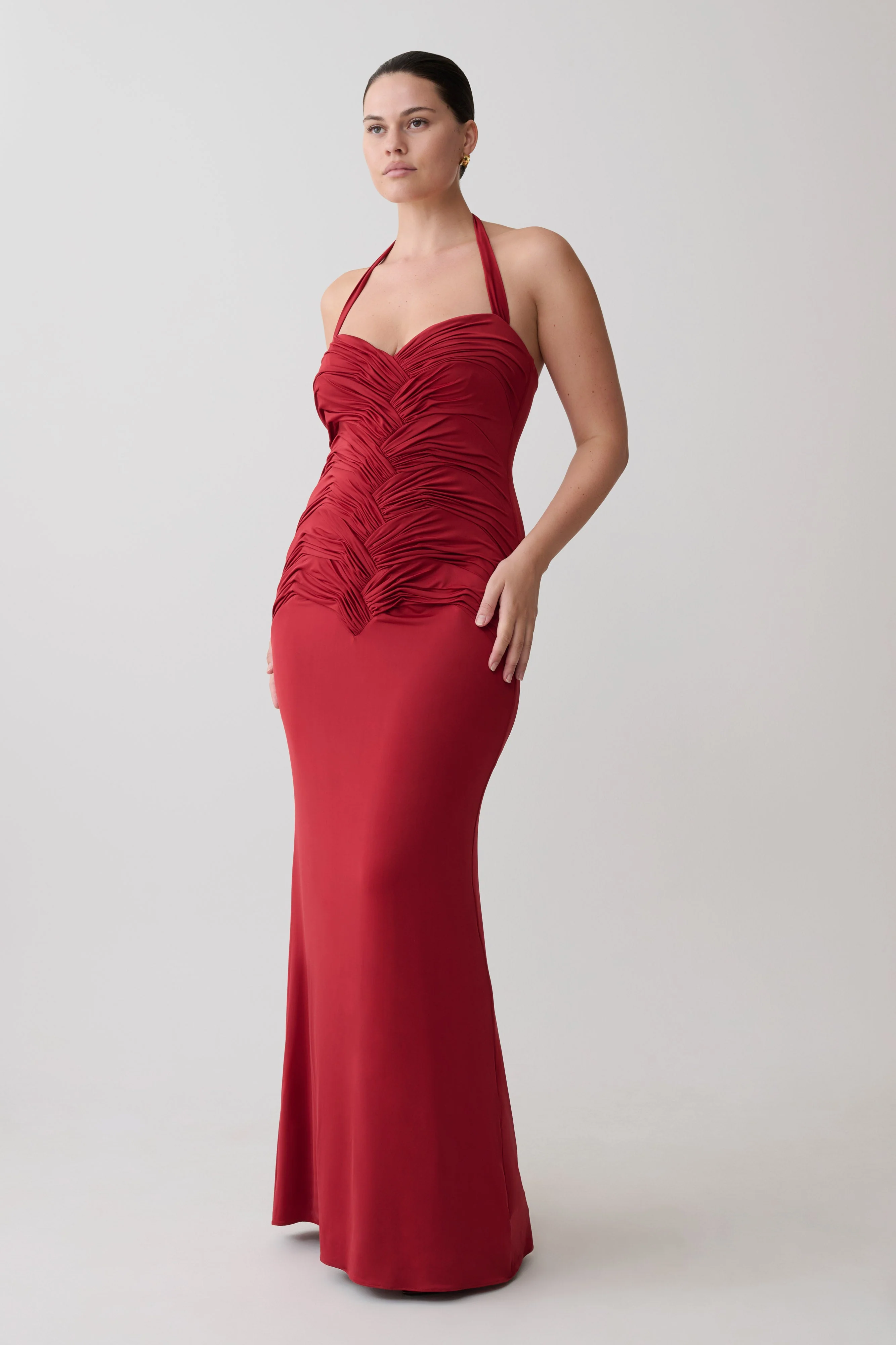 Hoai Gathered Slinky Halter Maxi Dress - Deep Red - Image 9