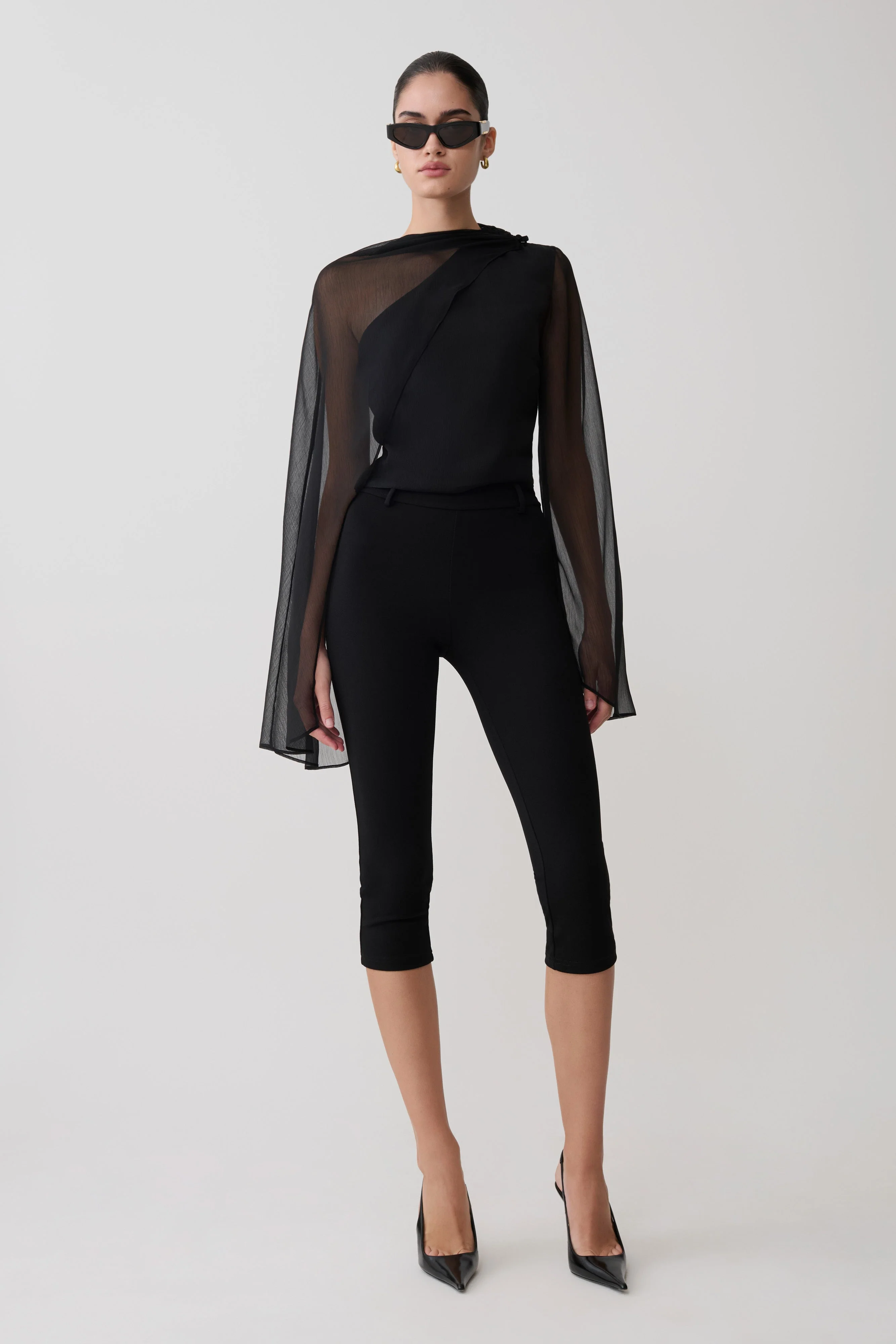 Ida Sheer Asymmetrical Long Sleeve Cape - Black - Image 4