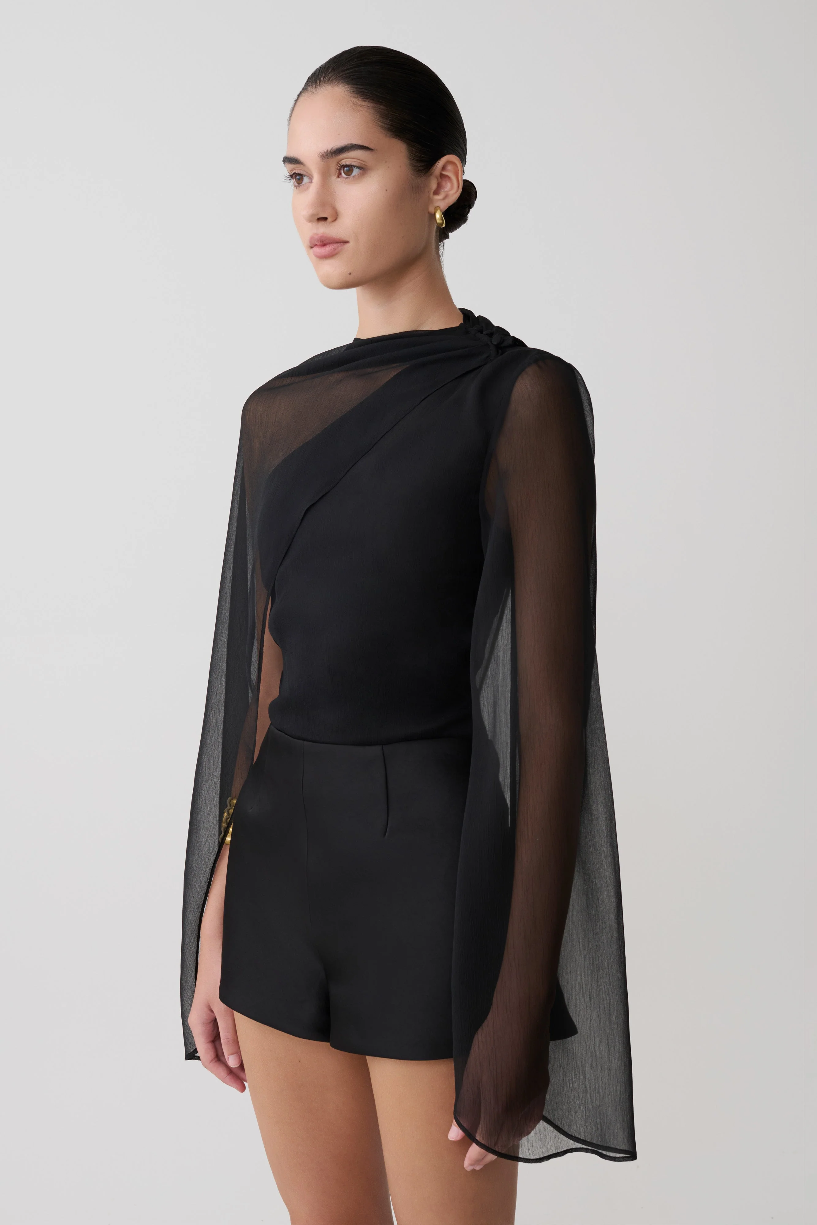 Ida Sheer Asymmetrical Long Sleeve Cape - Black - Image 5