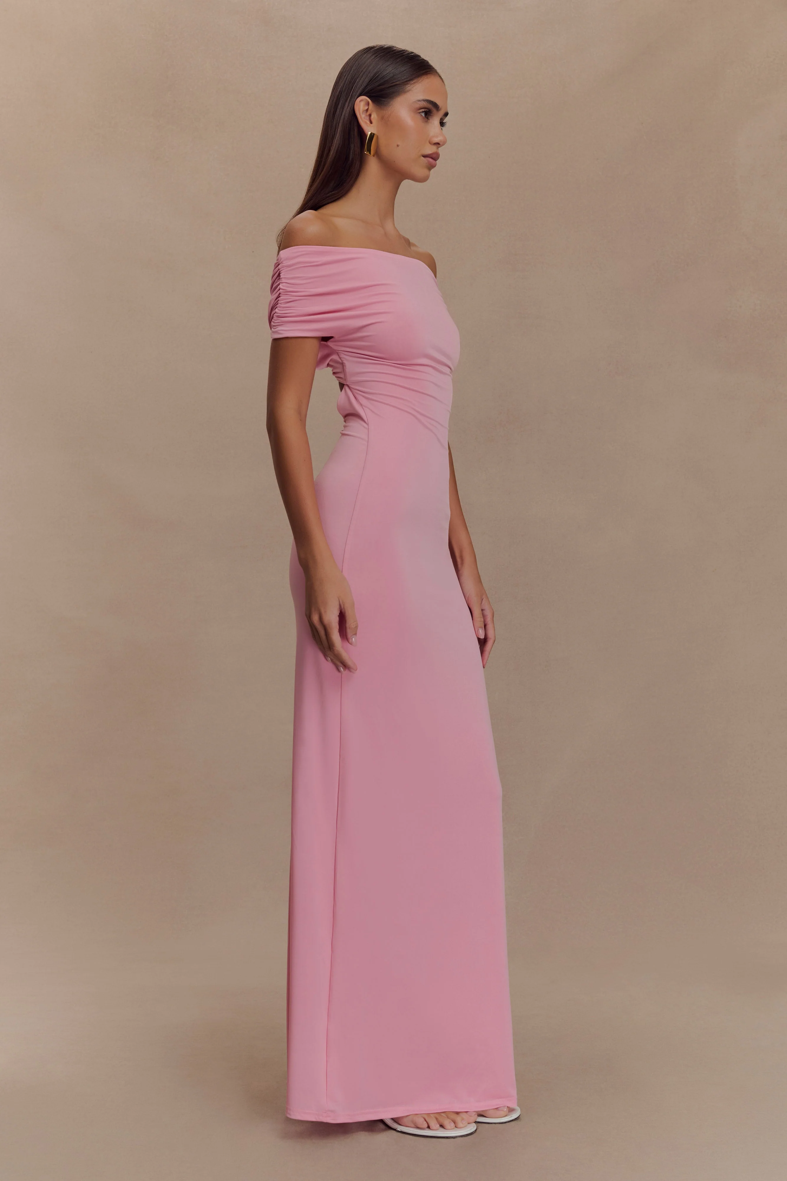 Imogen Off Shoulder Slinky Maxi Dress - Candy Pink - Image 4
