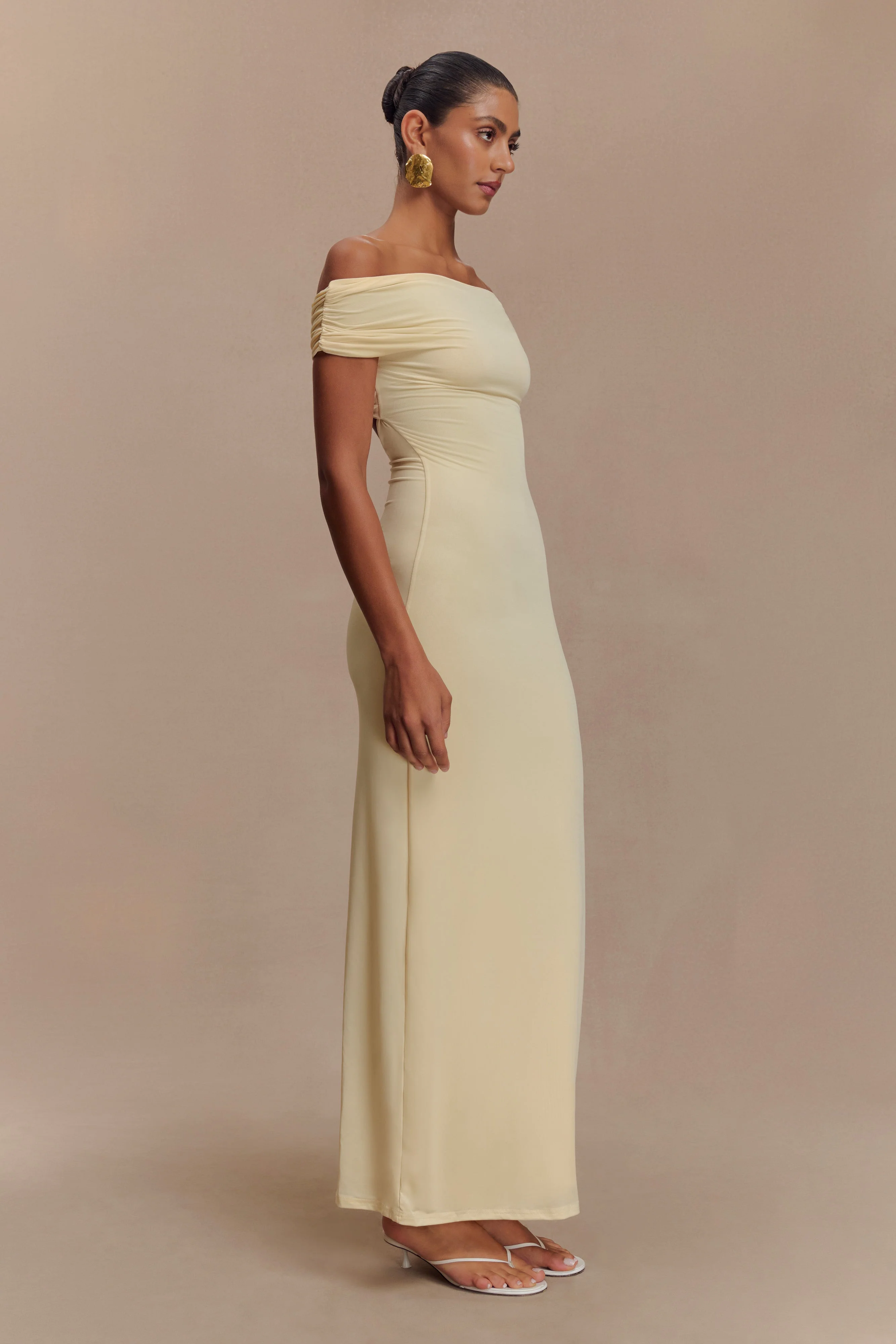 Imogen Off Shoulder Slinky Maxi Dress - Lemon - Image 3