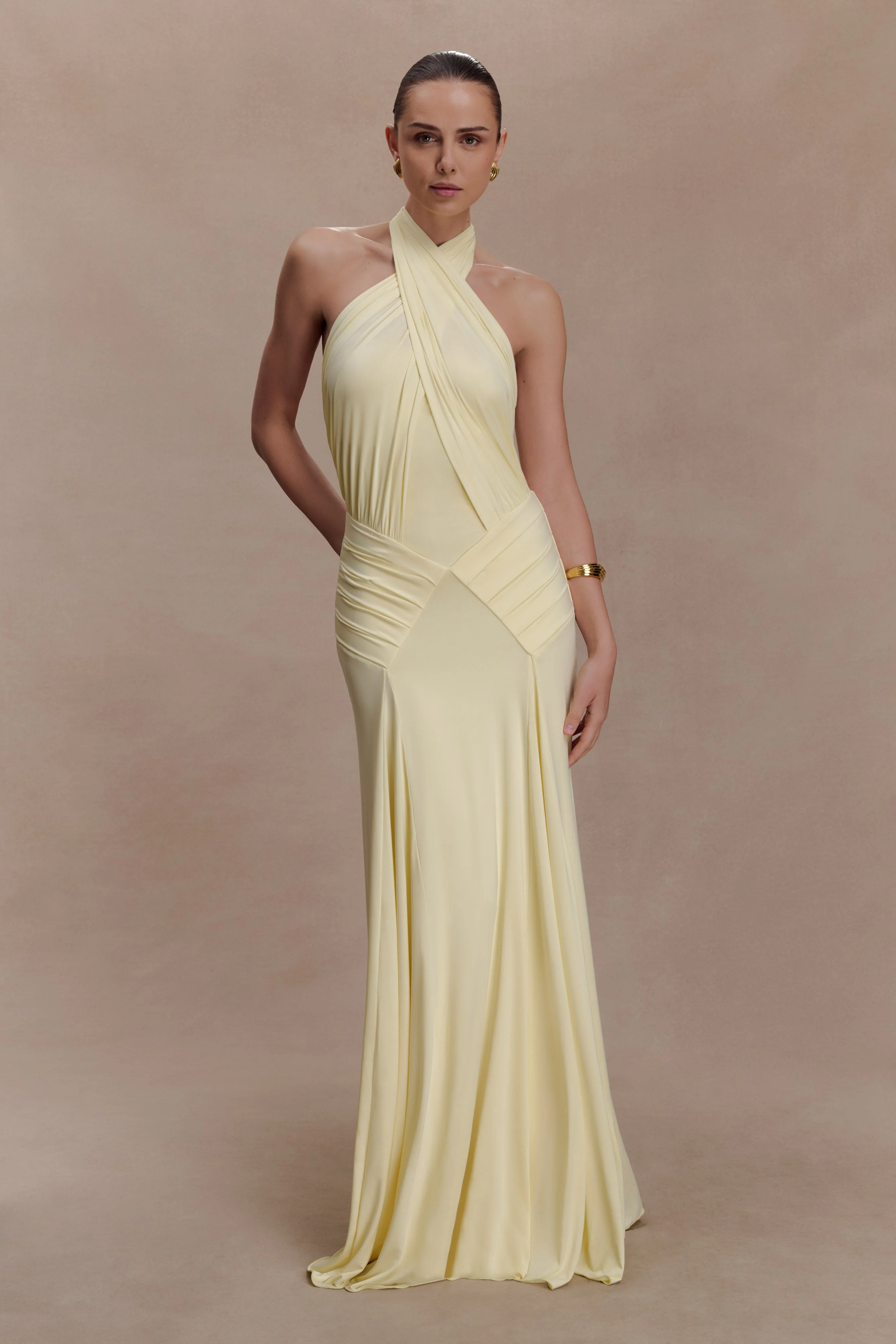 Indira Gathered Slinky Halter Maxi Dress - Lemon - Image 5