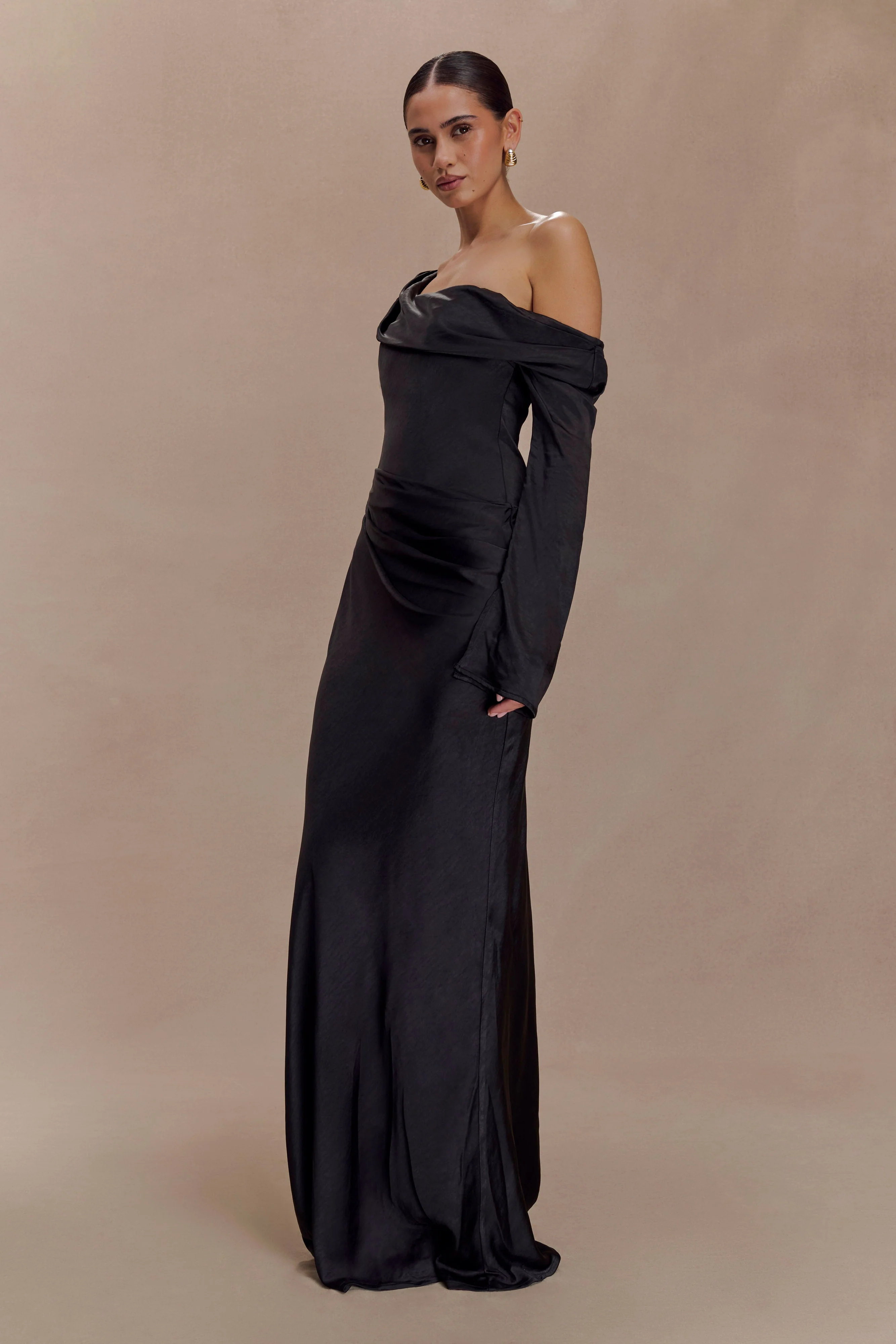 Iris Long Sleeve Satin Maxi Dress - Black - Image 2