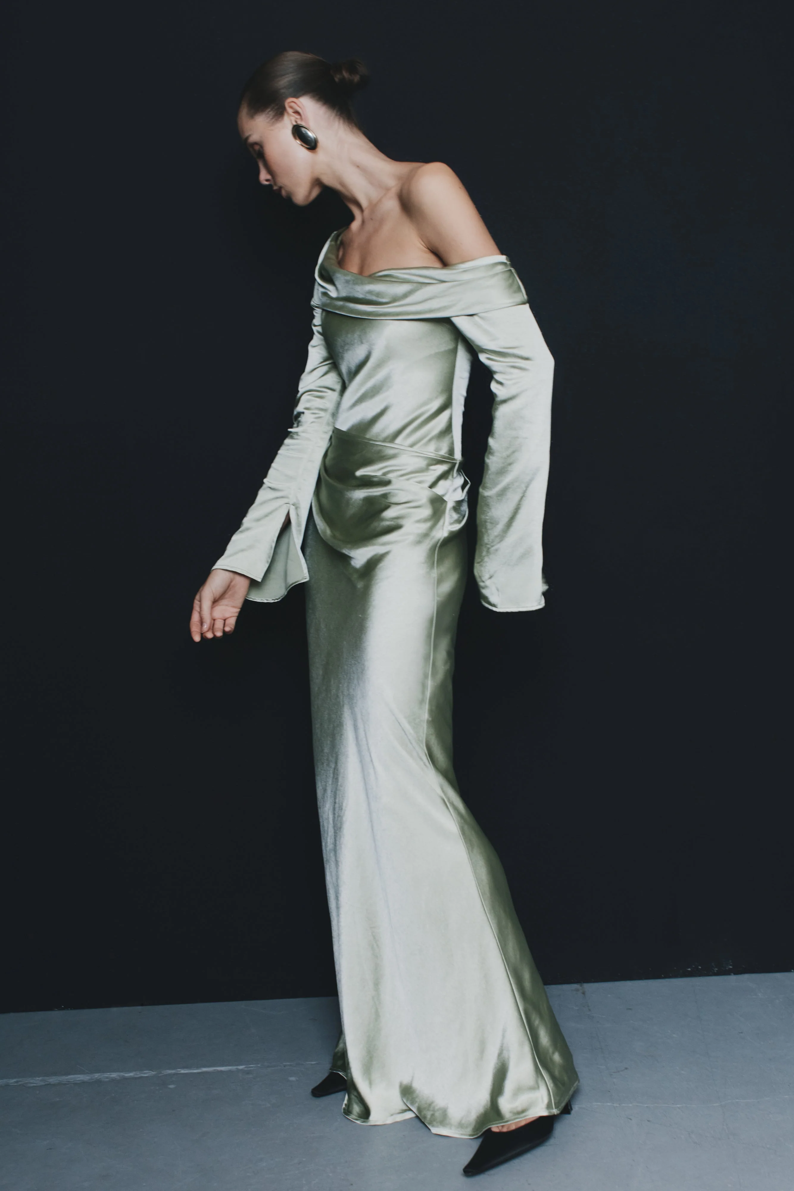 Iris Long Sleeve Satin Maxi Dress - Sage - Image 3