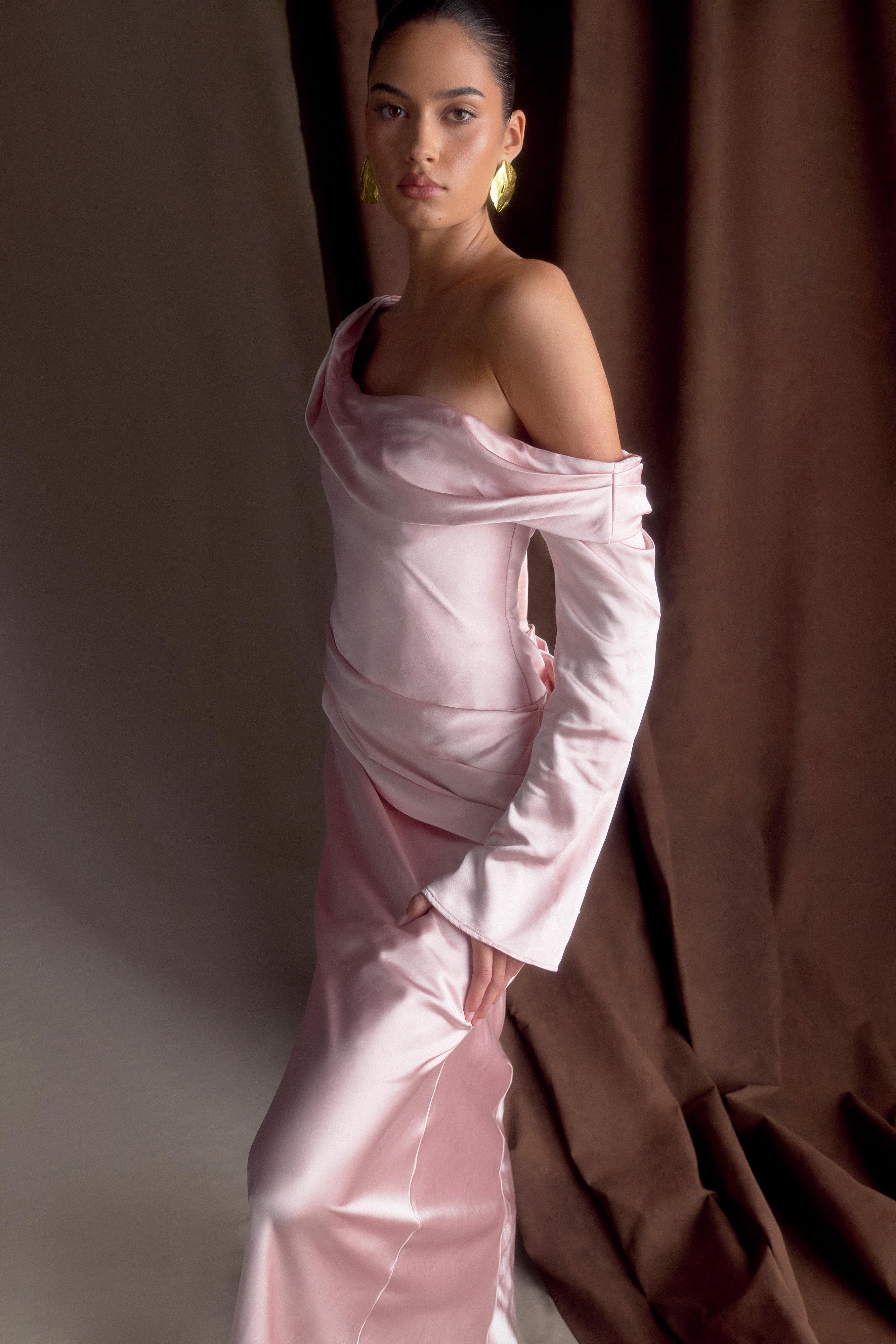 Iris Long Sleeve Satin Maxi Dress - Soft Pink - Image 3
