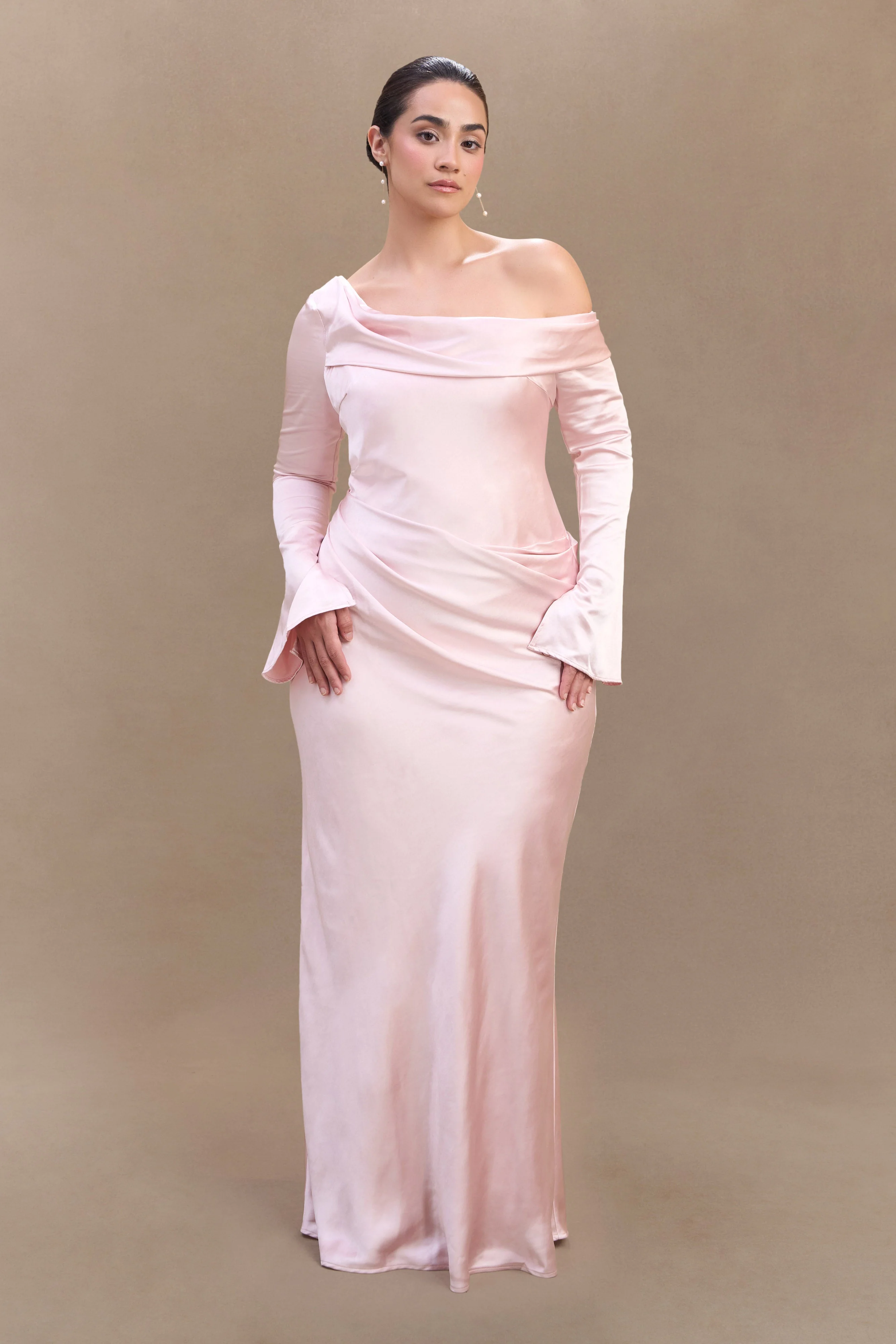 Iris Long Sleeve Satin Maxi Dress - Soft Pink - Image 4