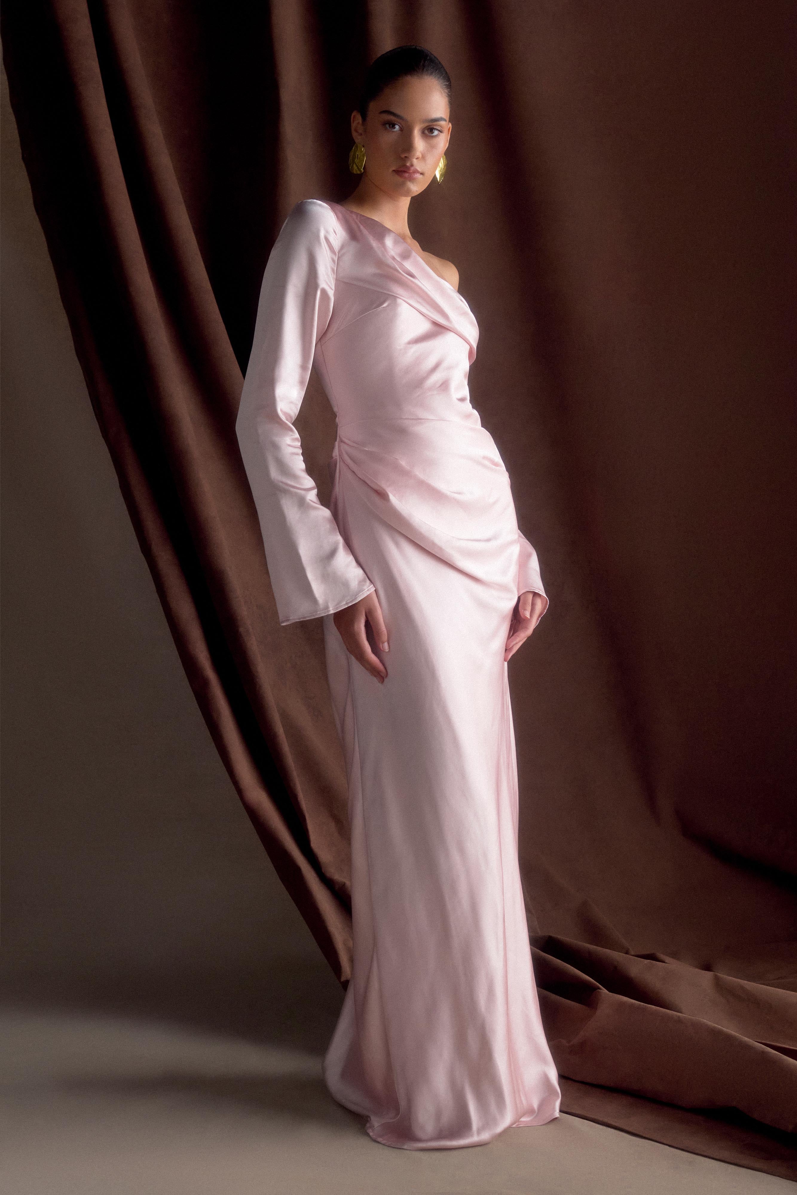 Iris Long Sleeve Satin Maxi Dress - Soft Pink - Image 8