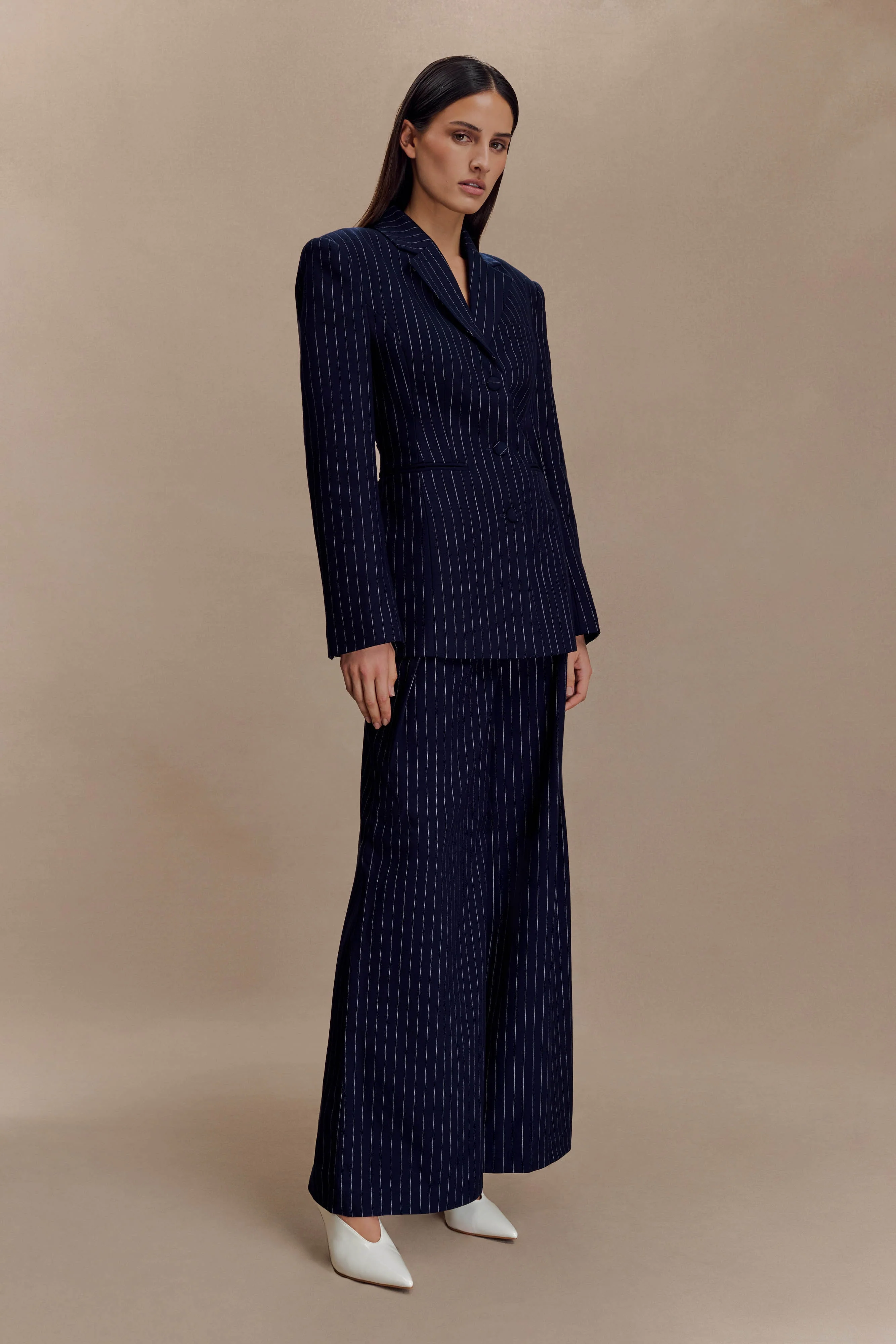 Jacqueline Pleated Wide Leg Pants - Navy Pinstripe - Image 4