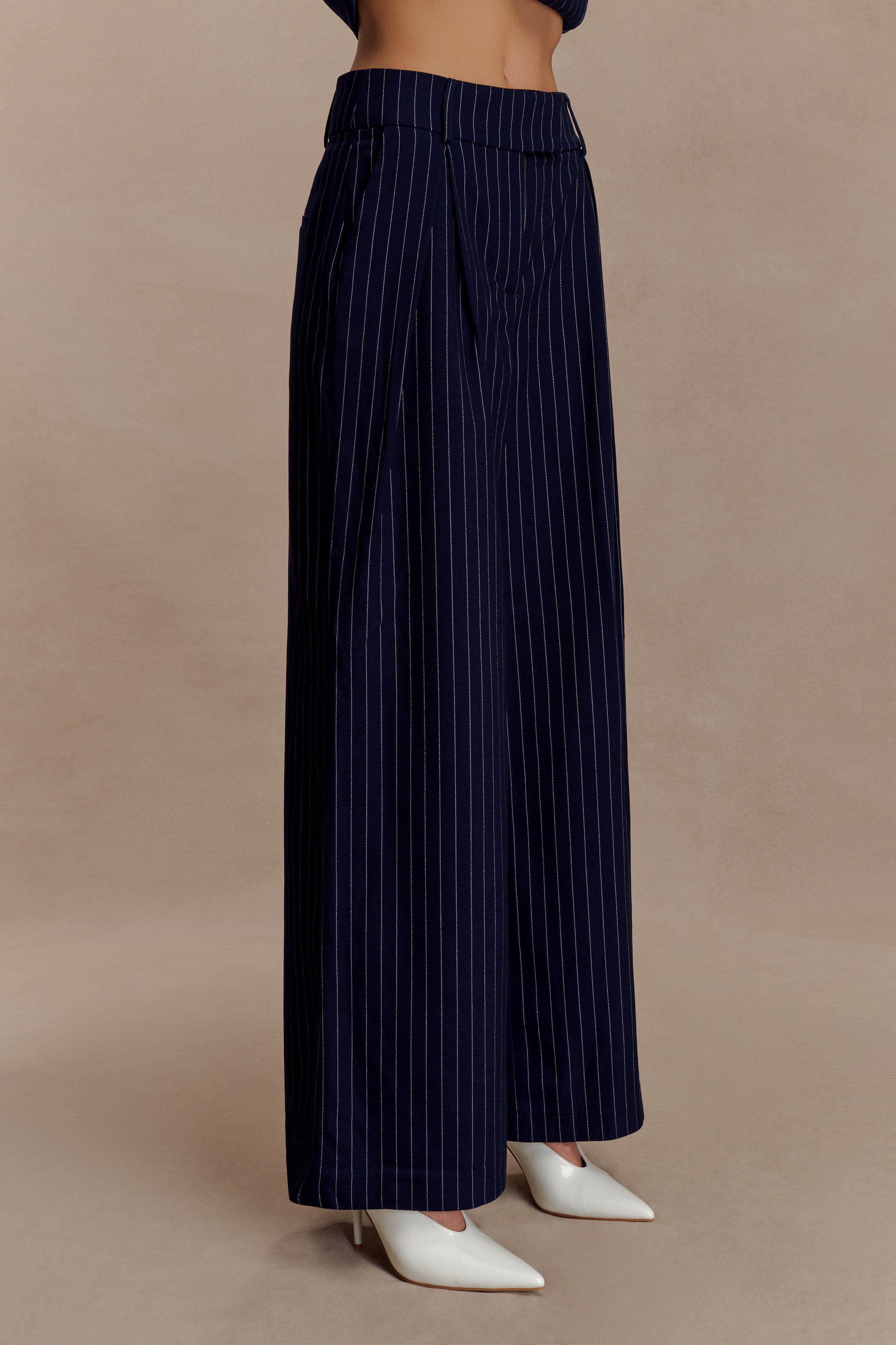 Jacqueline Pleated Wide Leg Pants - Navy Pinstripe - Image 5
