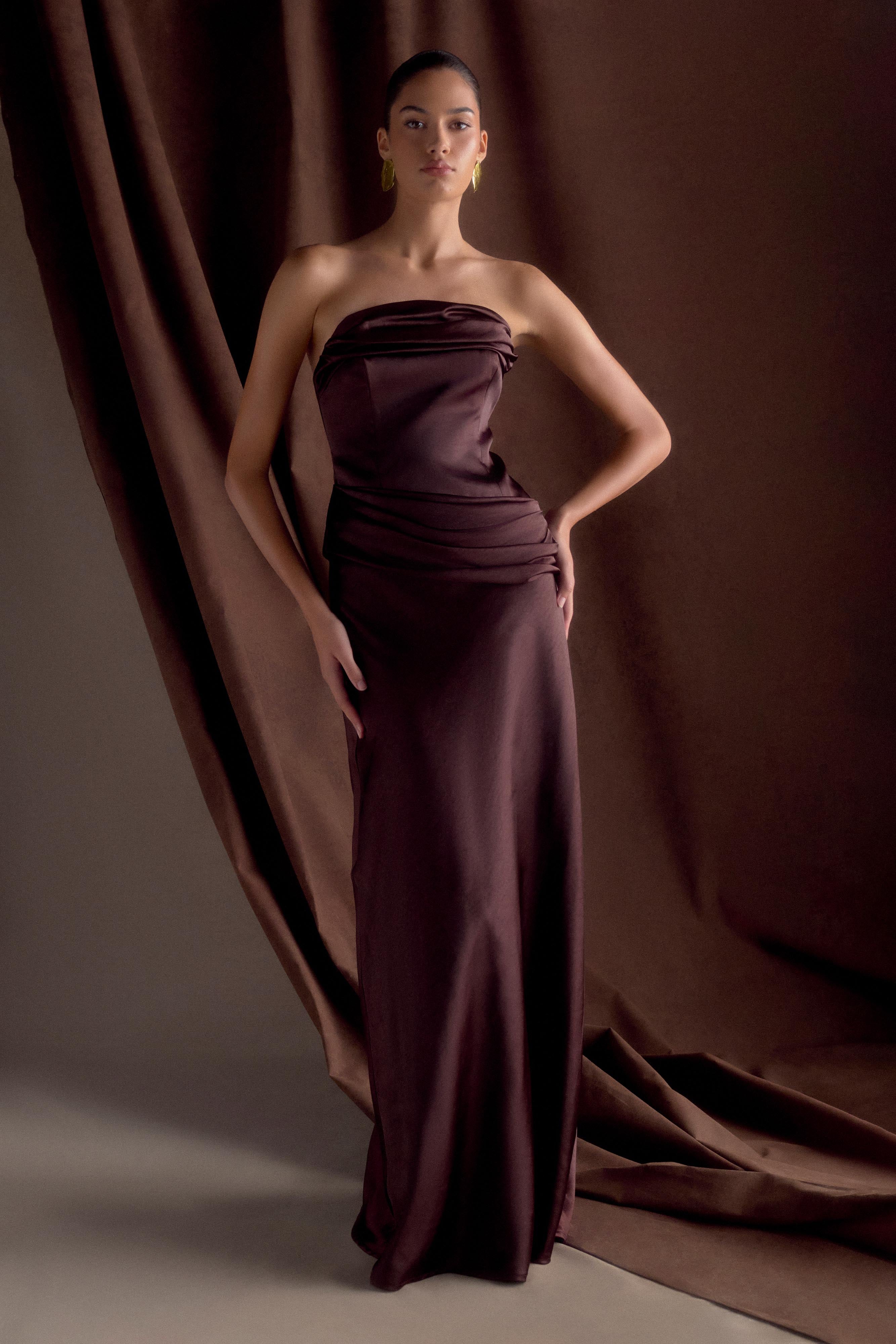 Jasmine Strapless Satin Maxi Dress - Dark Chocolate - Image 9