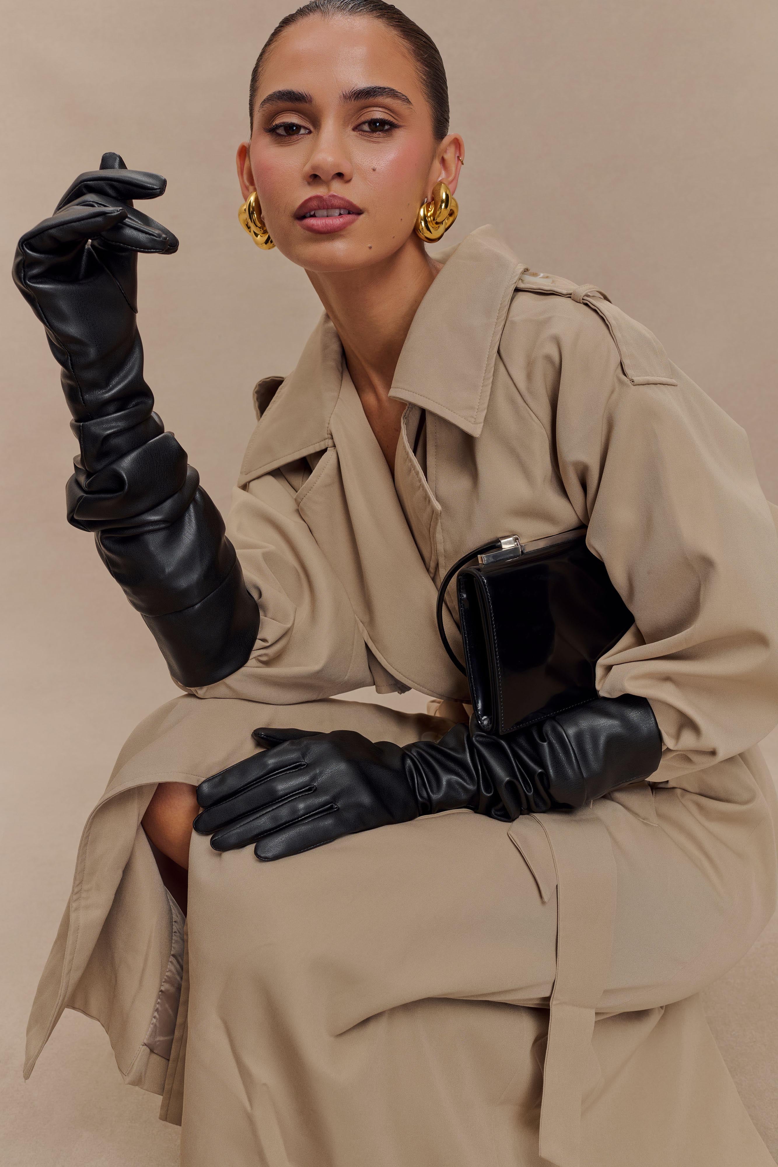 Jasper Faux Leather Elbow Length Gloves - Black - Image 3