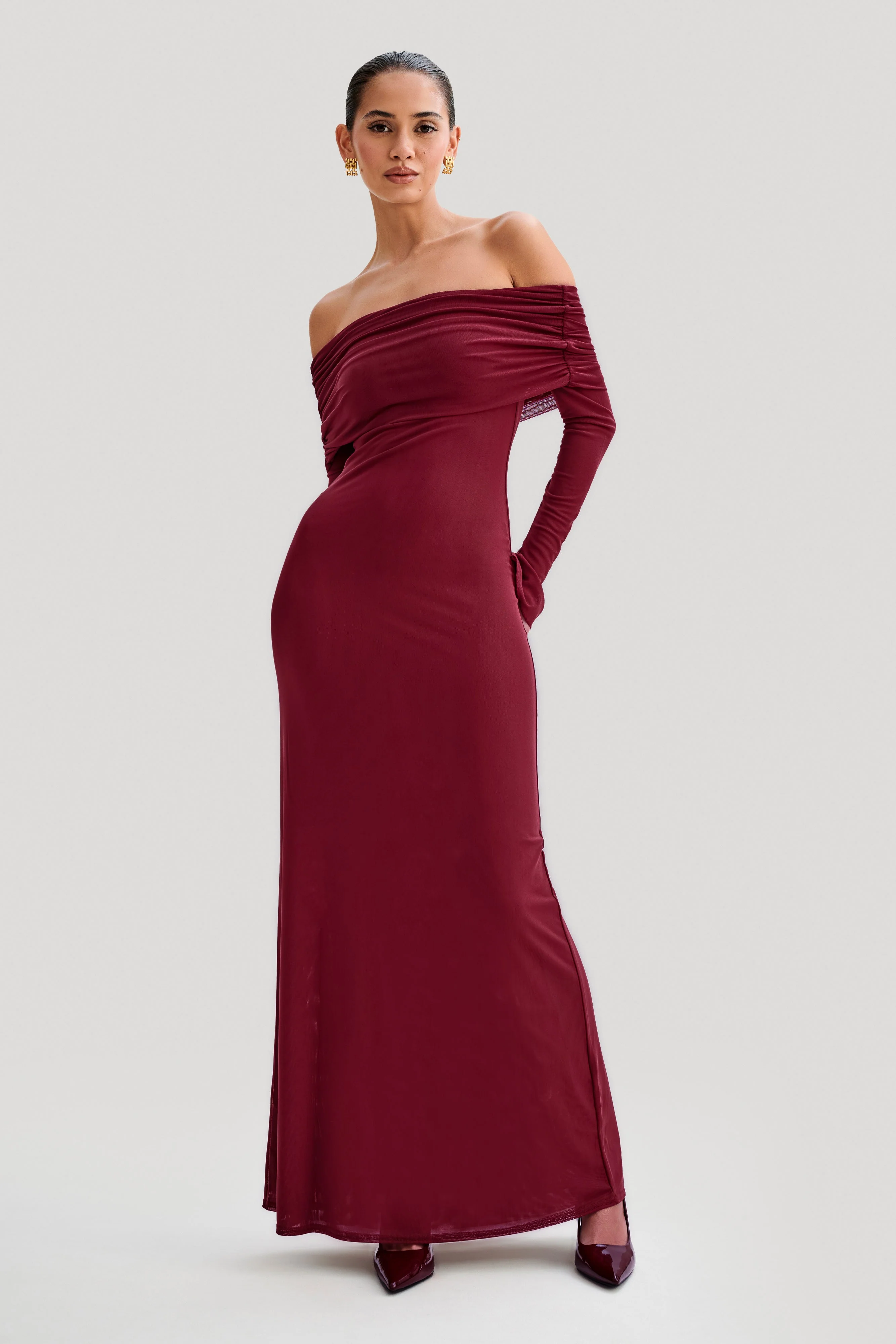 Josie Off Shoulder Mesh Maxi Dress - Wine - Image 3