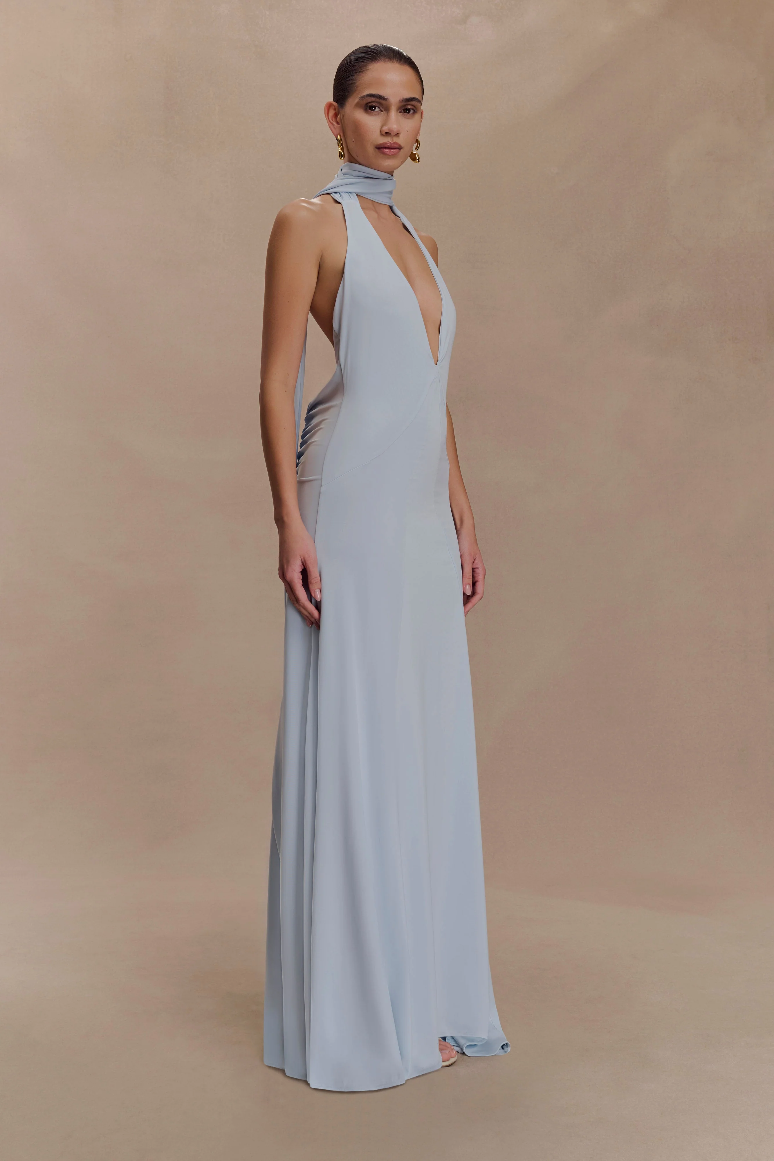 Juliet Slinky Maxi Dress With Scarf - Pale Blue - Image 4