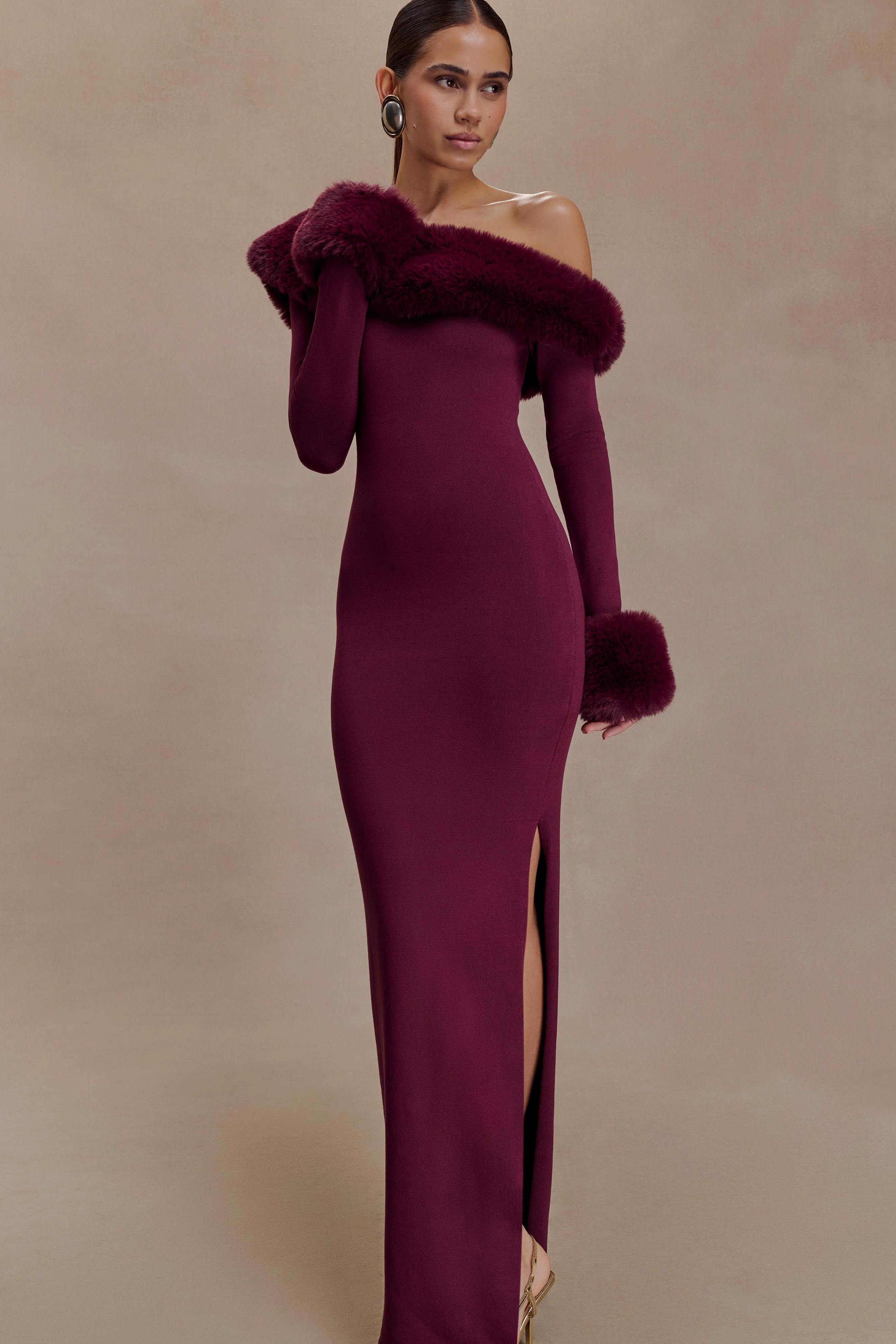 Karleigh Faux Fur Knit Maxi Dress - Plum - Image 6