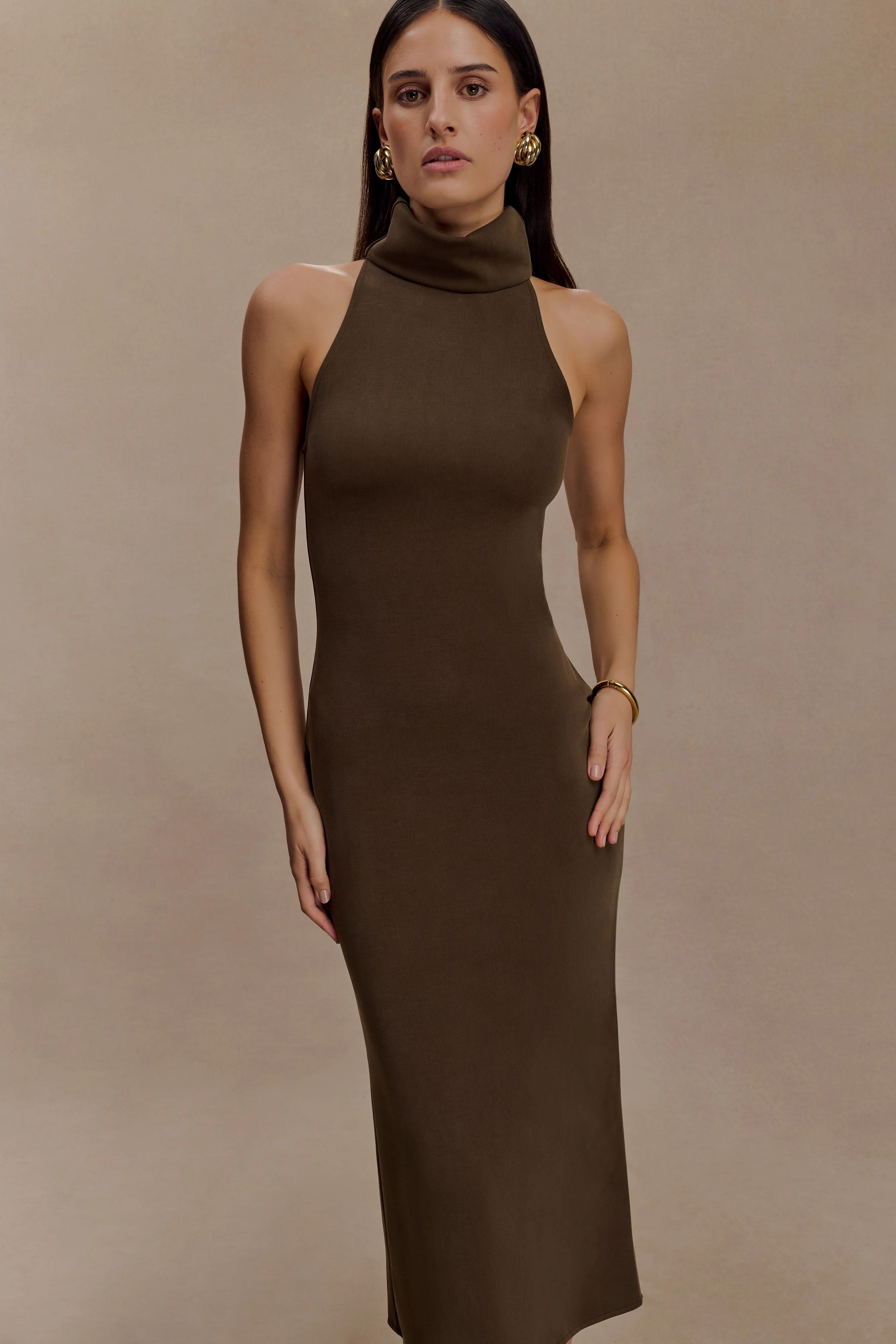 Kennedy High Neck Midi Dress - Chocolate - Image 7