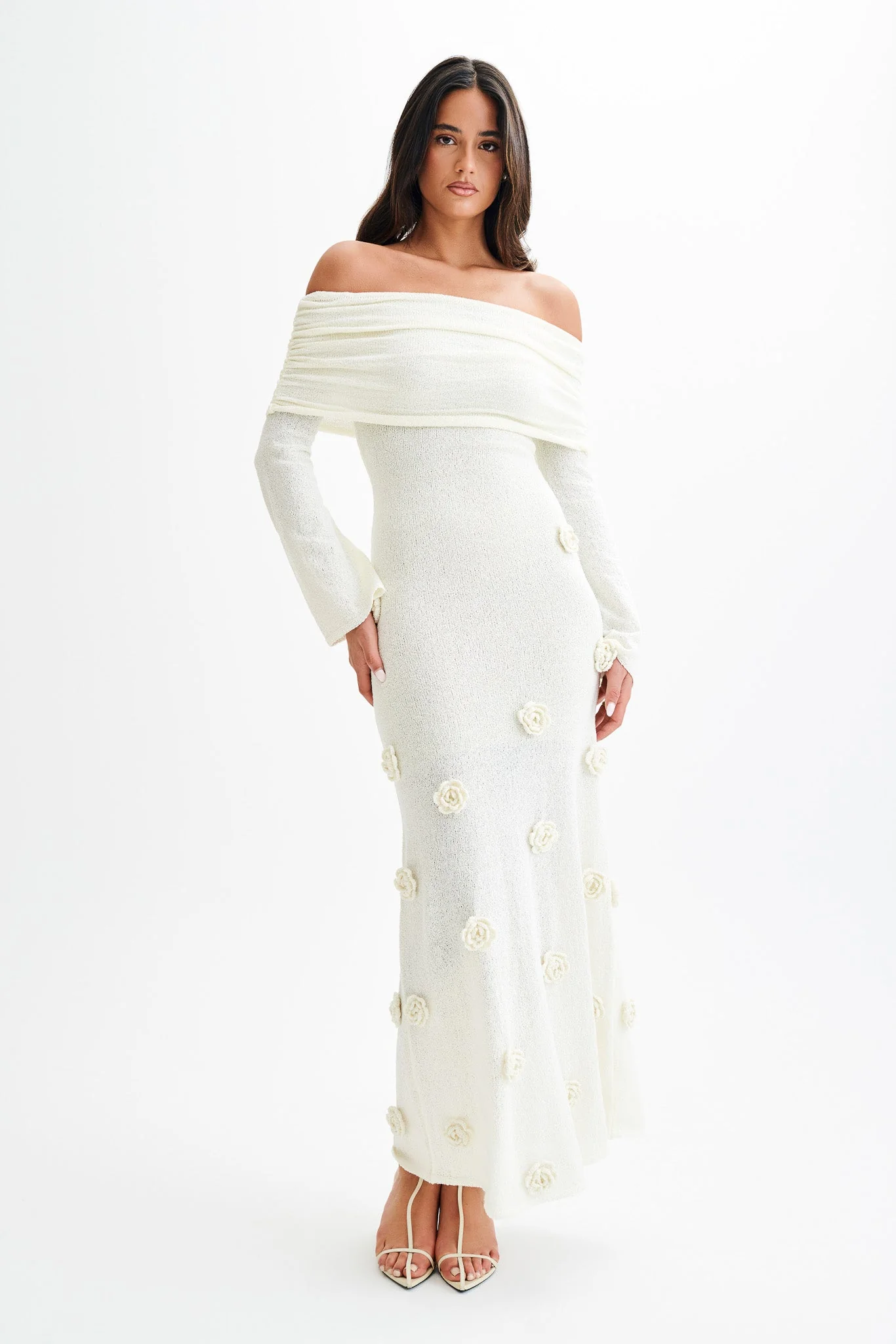 Kiki Off Shoulder Knit Rose Maxi Dress - Ivory - Image 6