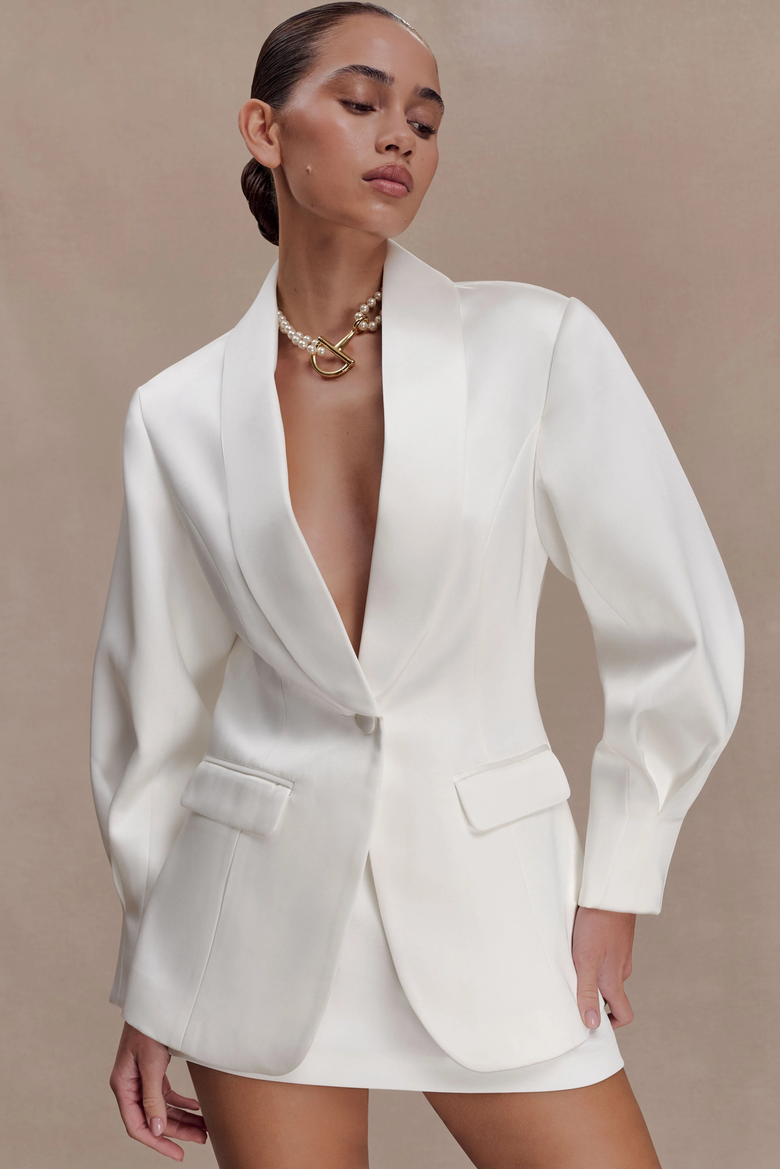 Kylie Oversized Satin Blazer - Ivory - Image 4