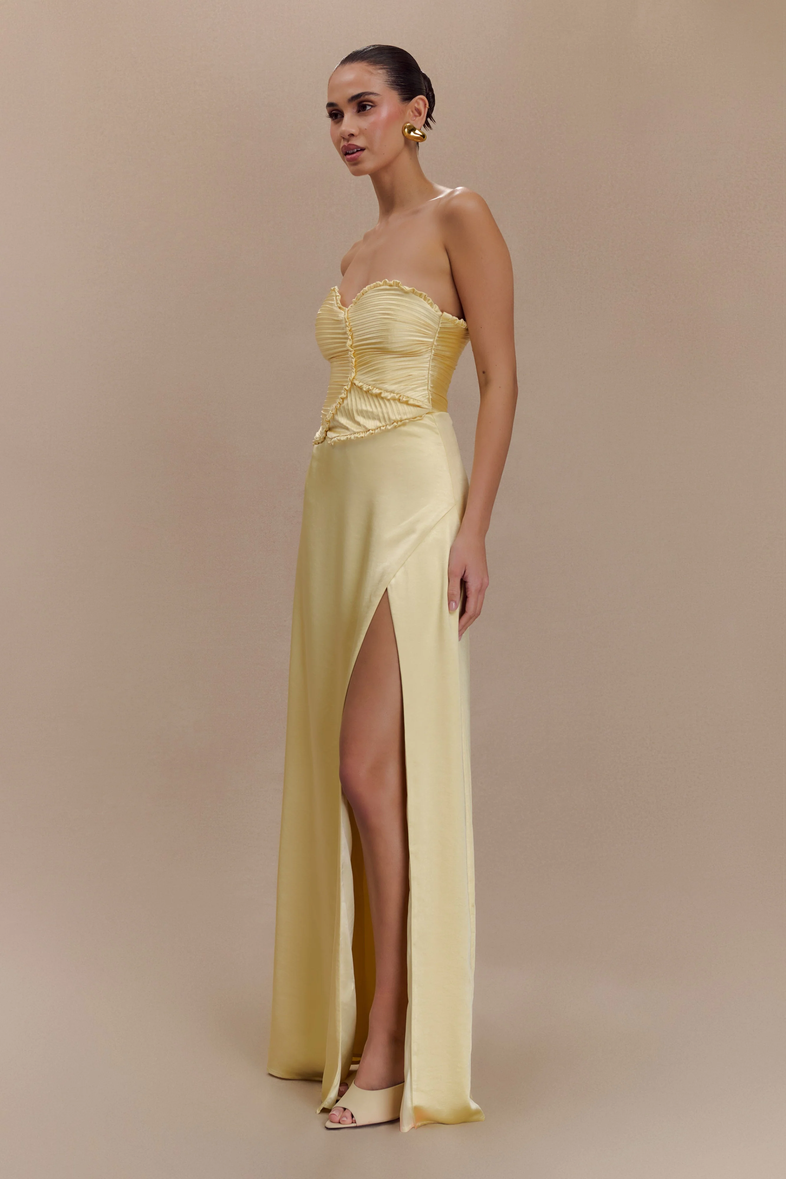Larissa Satin Maxi Dress With Ruched Petals - Lemon - Image 3