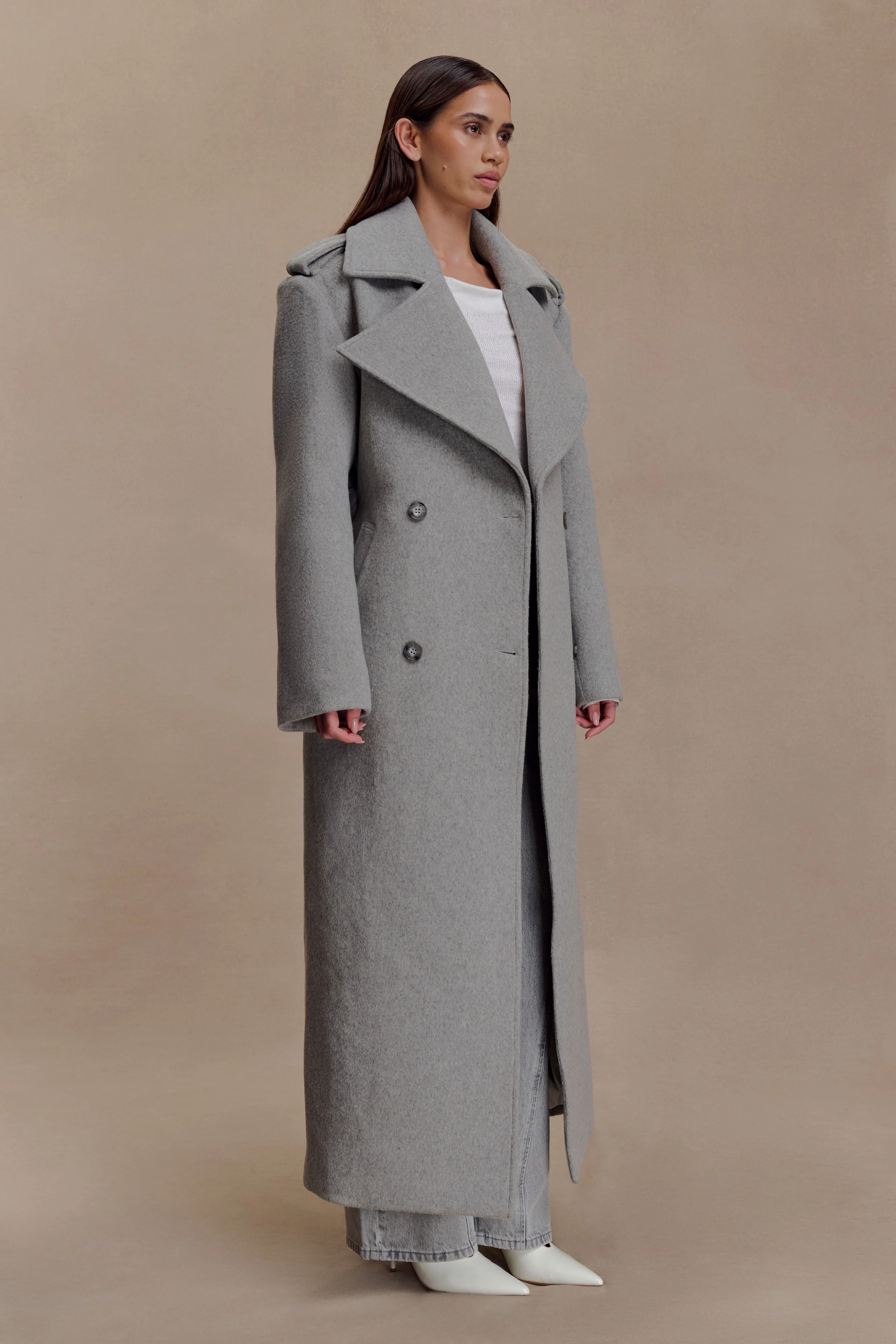 Levi Long Trench Wool Coat - Grey Marle - Image 5