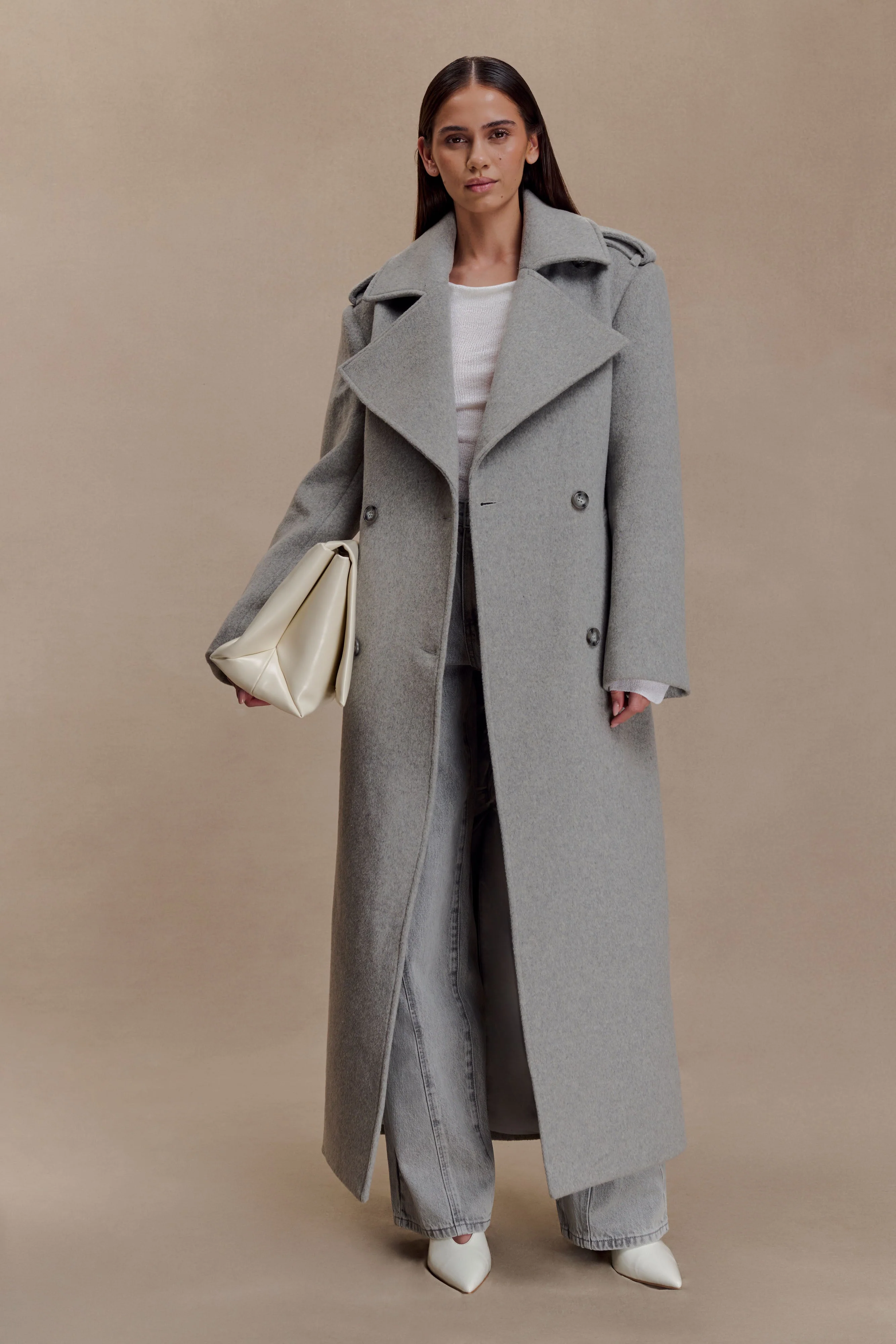 Levi Long Trench Wool Coat - Grey Marle - Image 6