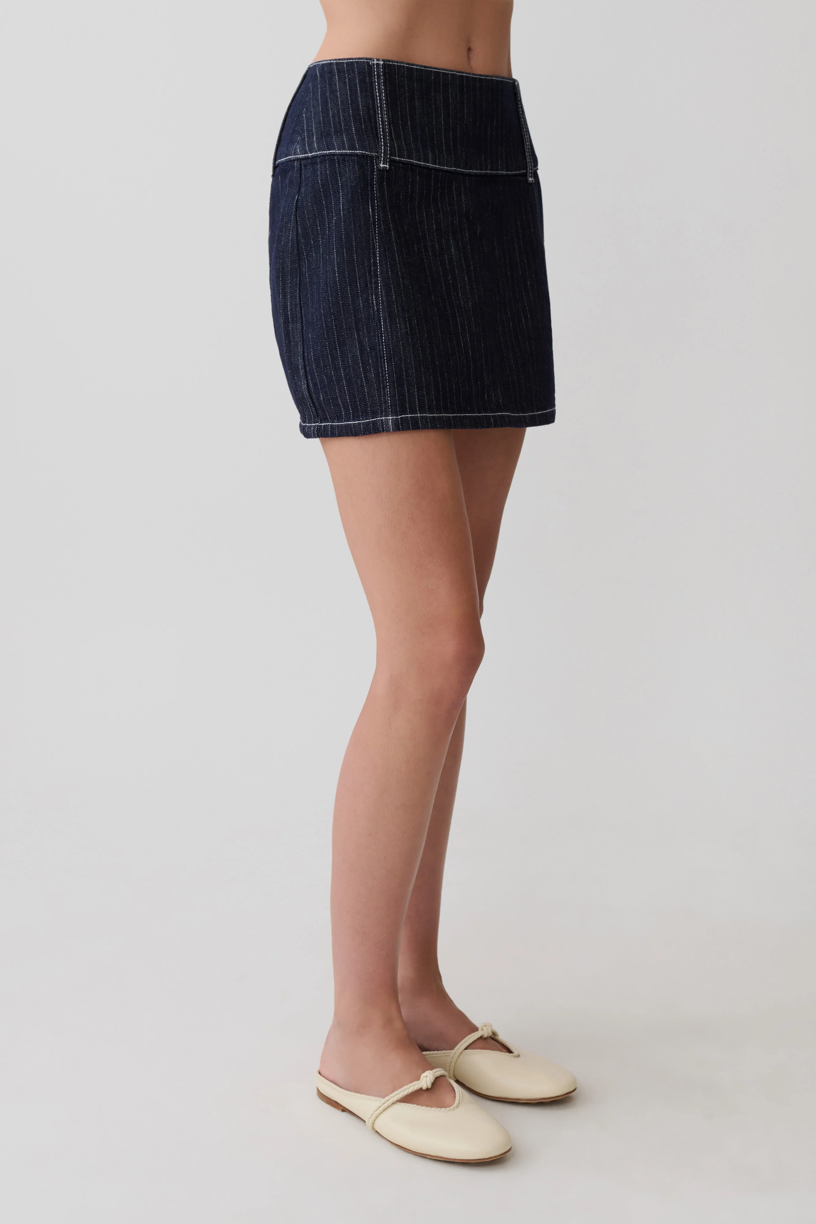 Loraine Mid Rise Denim Mini Skirt - Indigo Pinstripe - Image 8