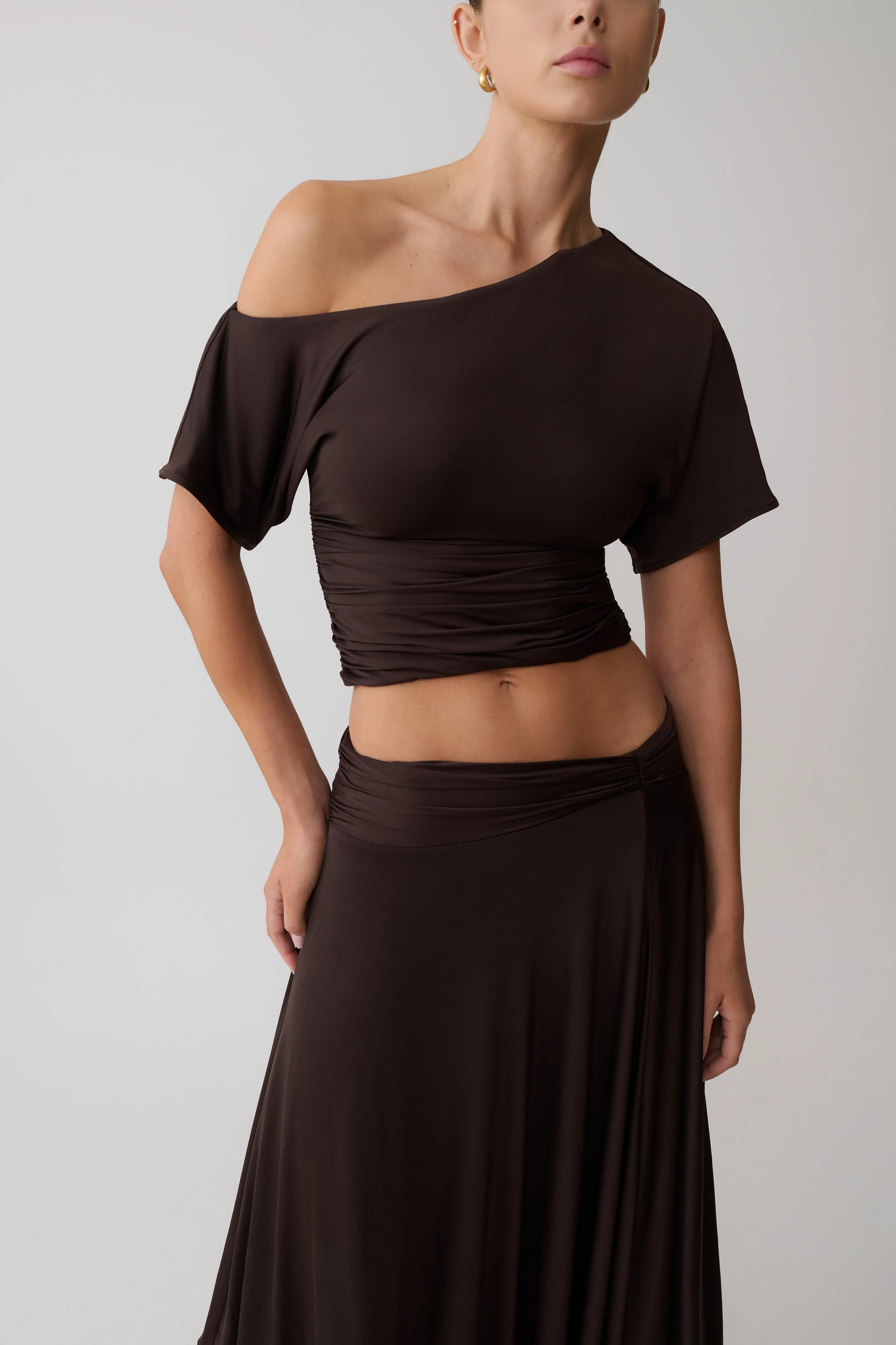 Luu Off Shoulder Slinky Top - Dark Chocolate - Image 3