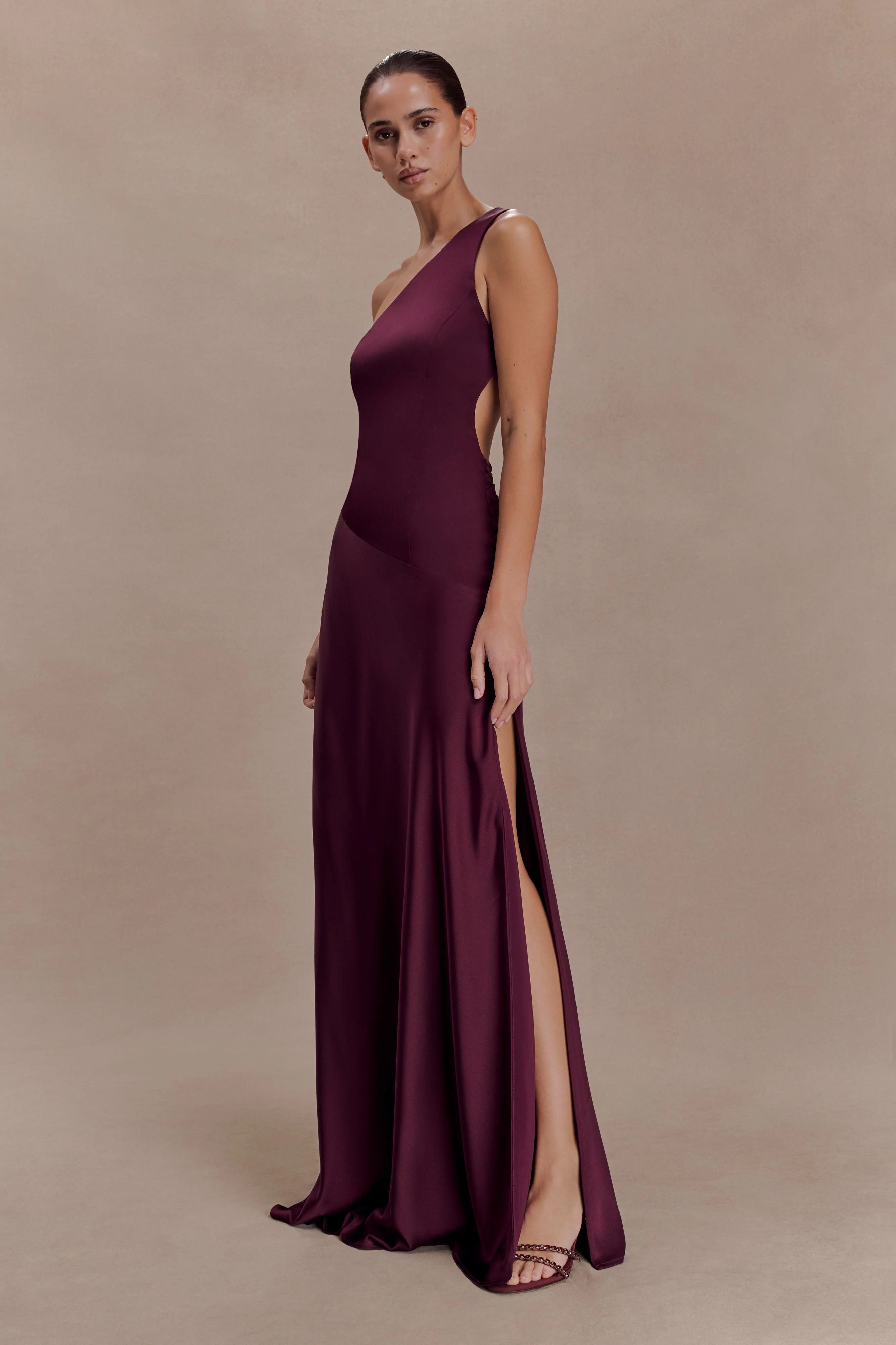 Lyla Asymmetrical Satin Maxi Dress - Plum - Image 3