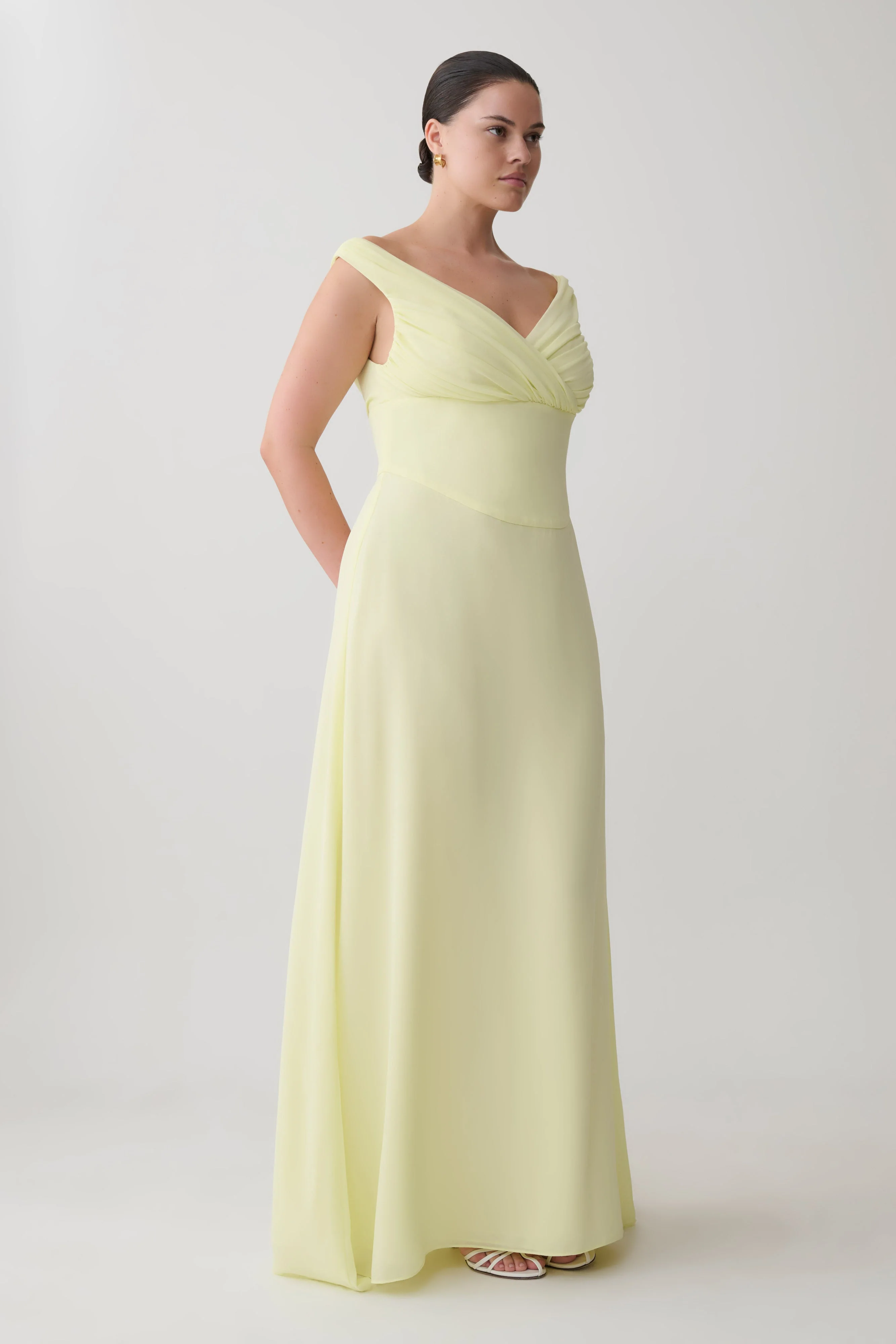 Mabel Off Shoulder Chiffon Maxi Dress - Lemon - Image 5