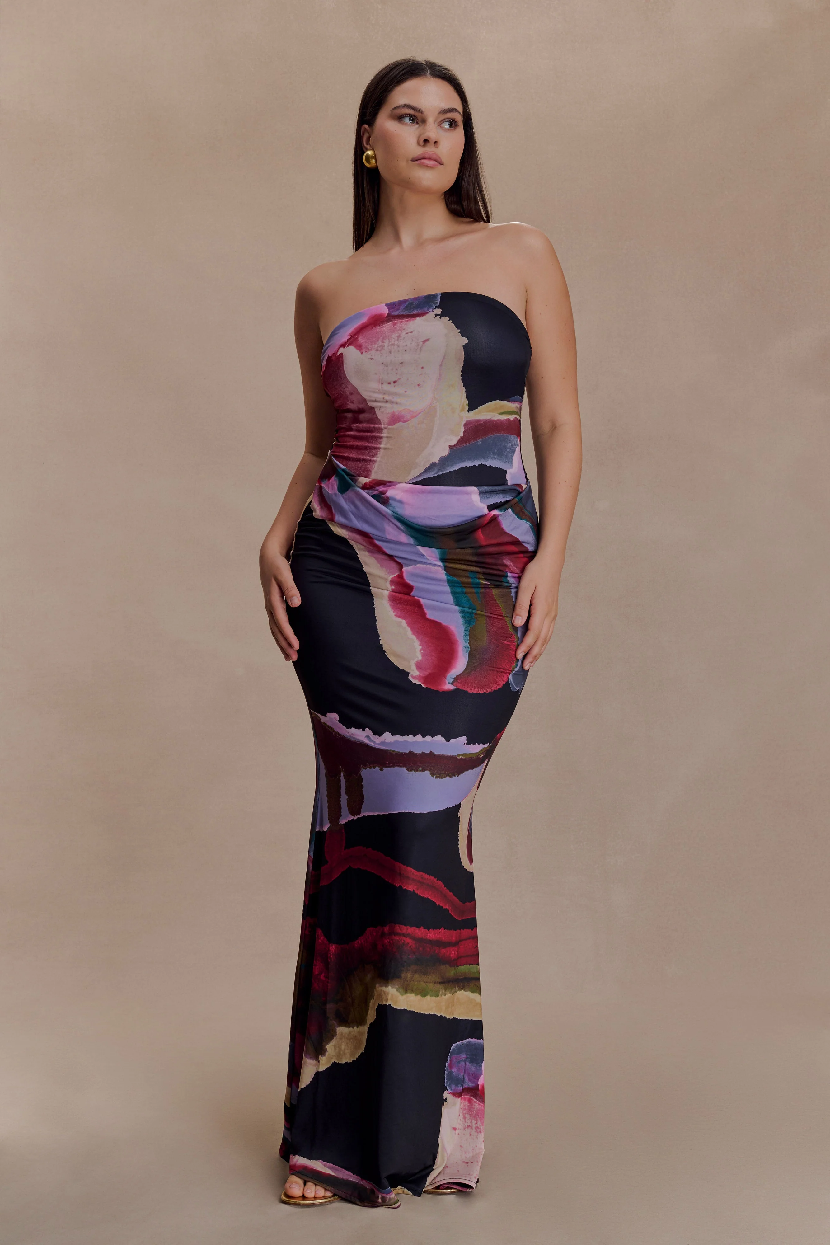 Madison Strapless Slinky Maxi Dress - Multi Fluid Reverie Print - Image 9