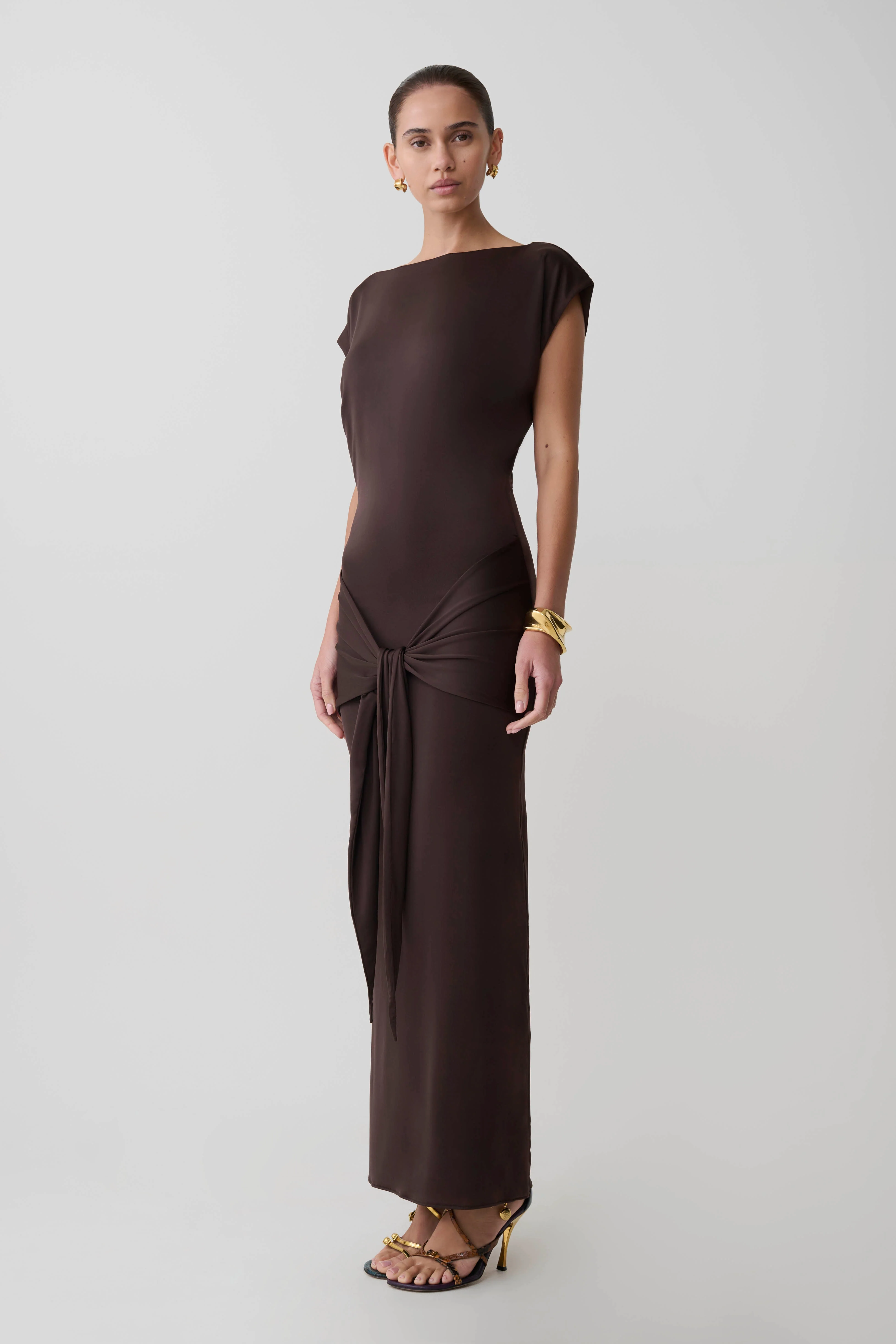 Maiara Shortsleeve Slinky Tie Maxi Dress - Chocolate - Image 3