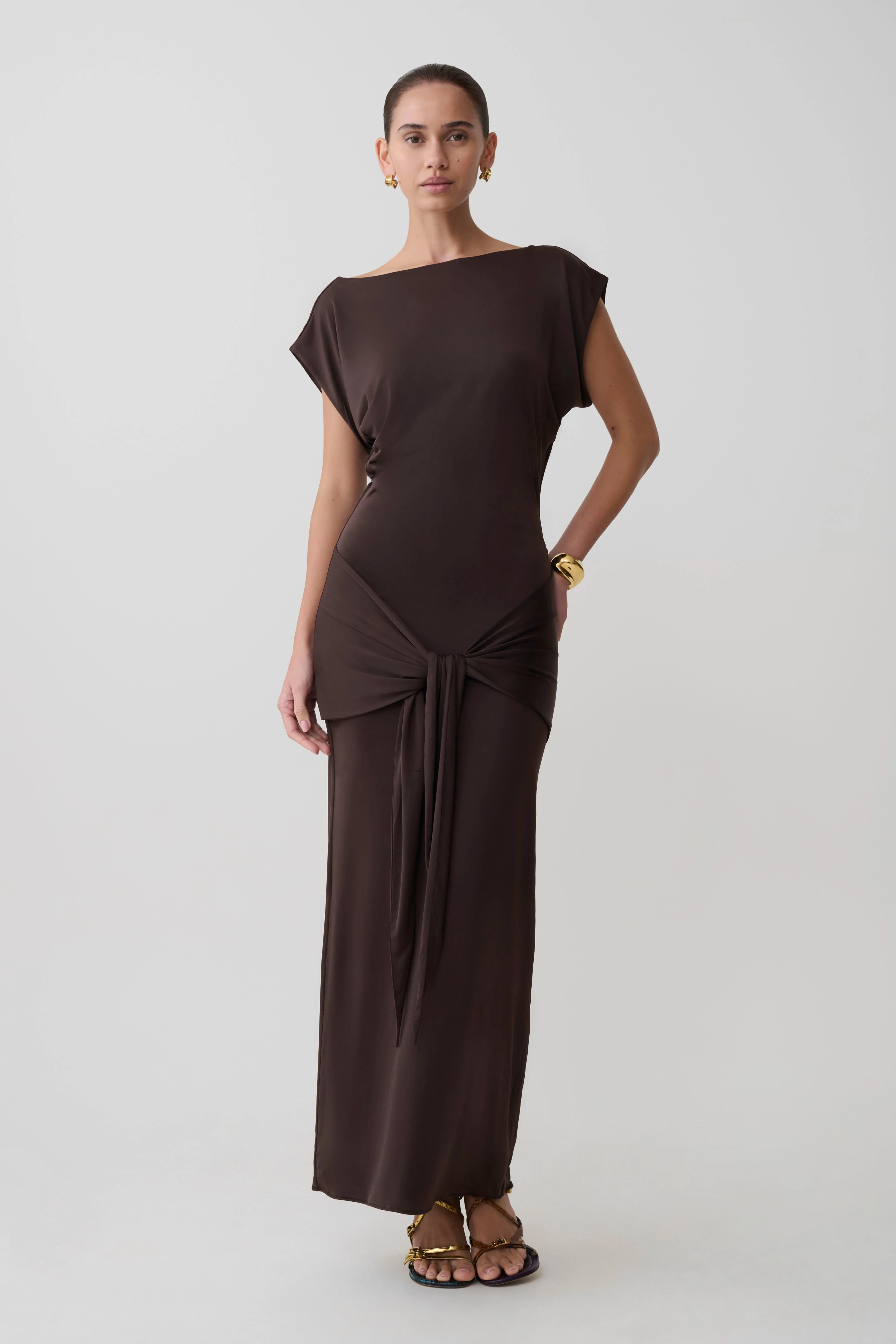 Maiara Shortsleeve Slinky Tie Maxi Dress - Chocolate - Image 4