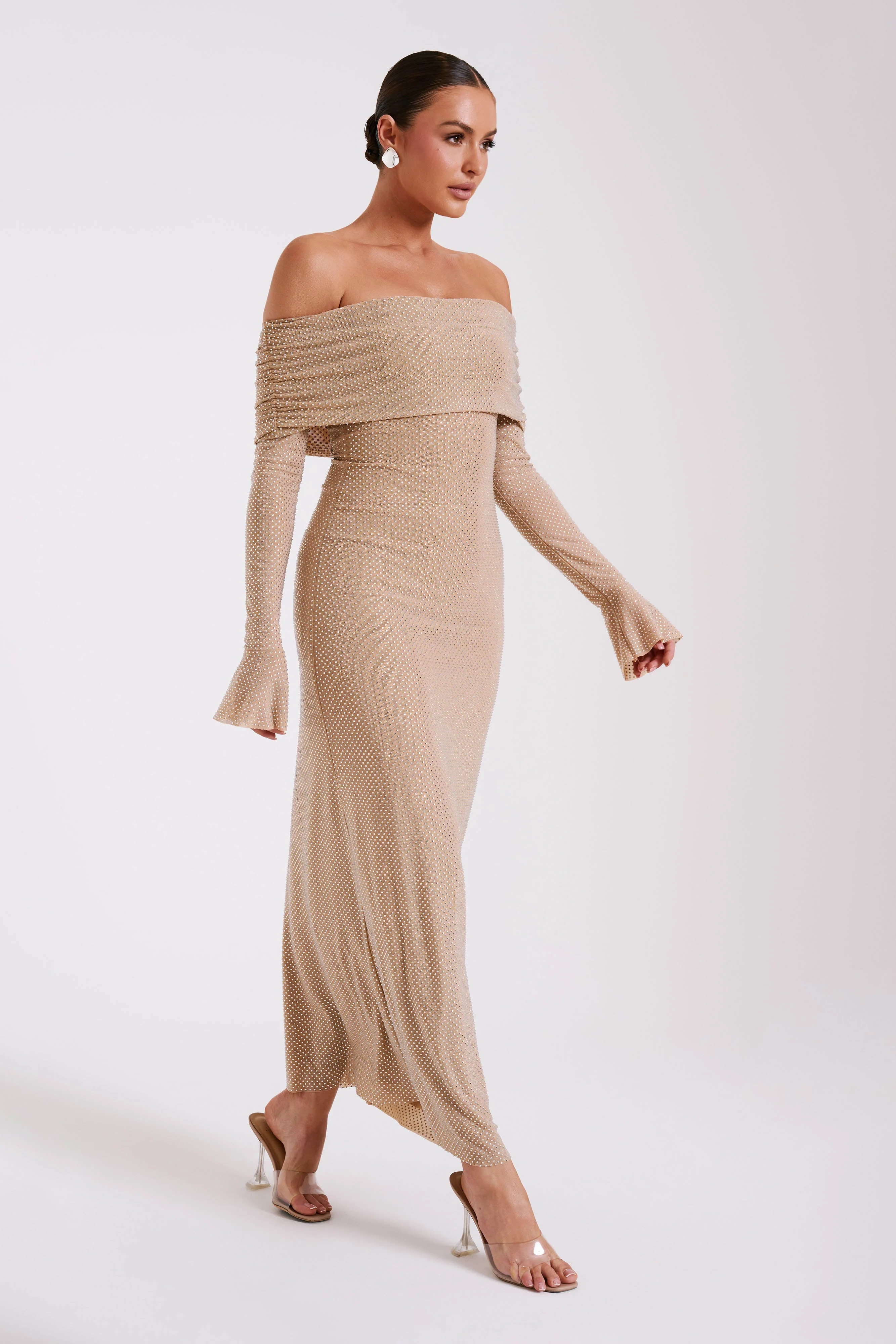Marcel Off Shoulder Diamante Maxi Dress - Nude - Image 7
