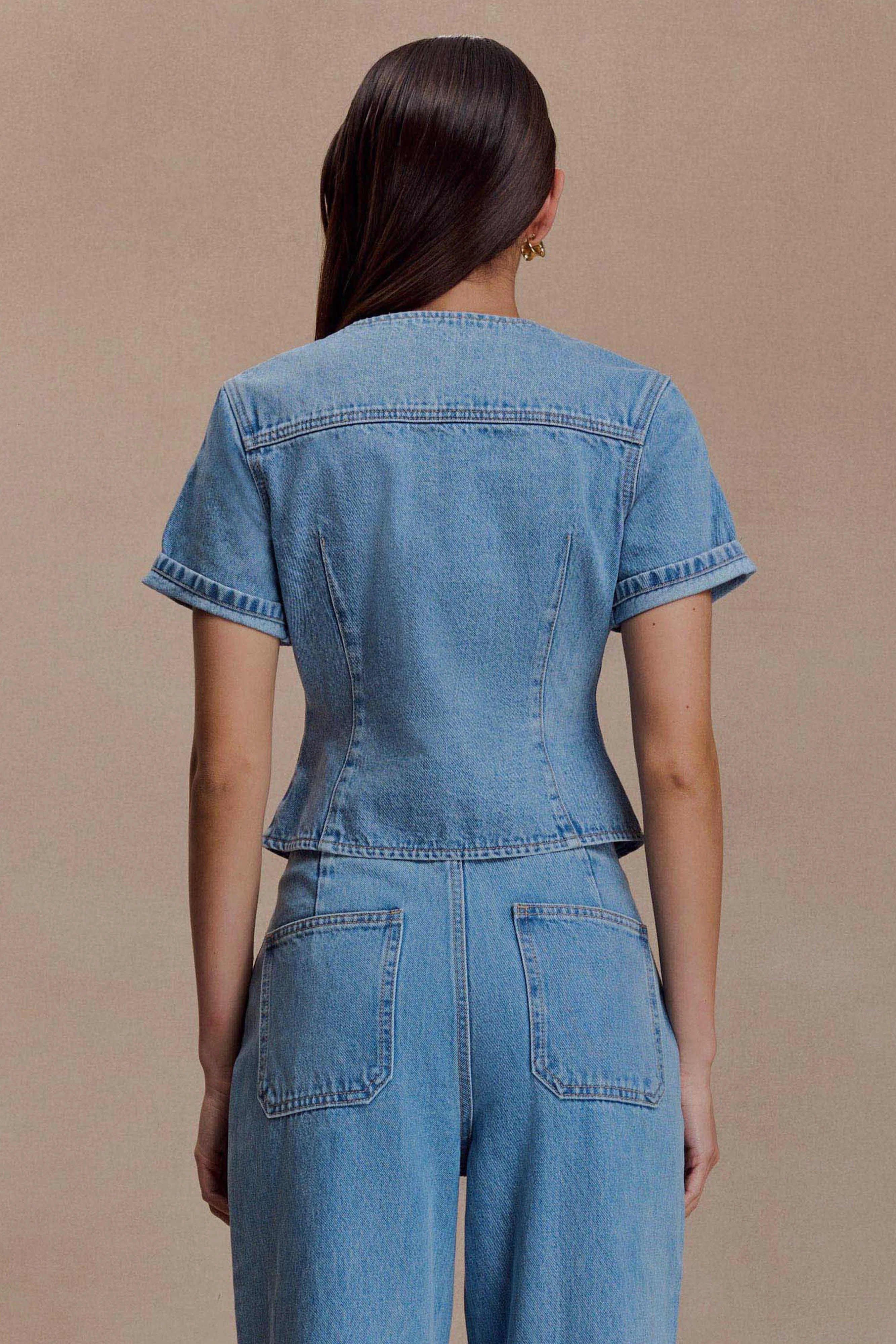 Marge Fitted Denim Short Sleeve Top - Classic Blue - Image 2