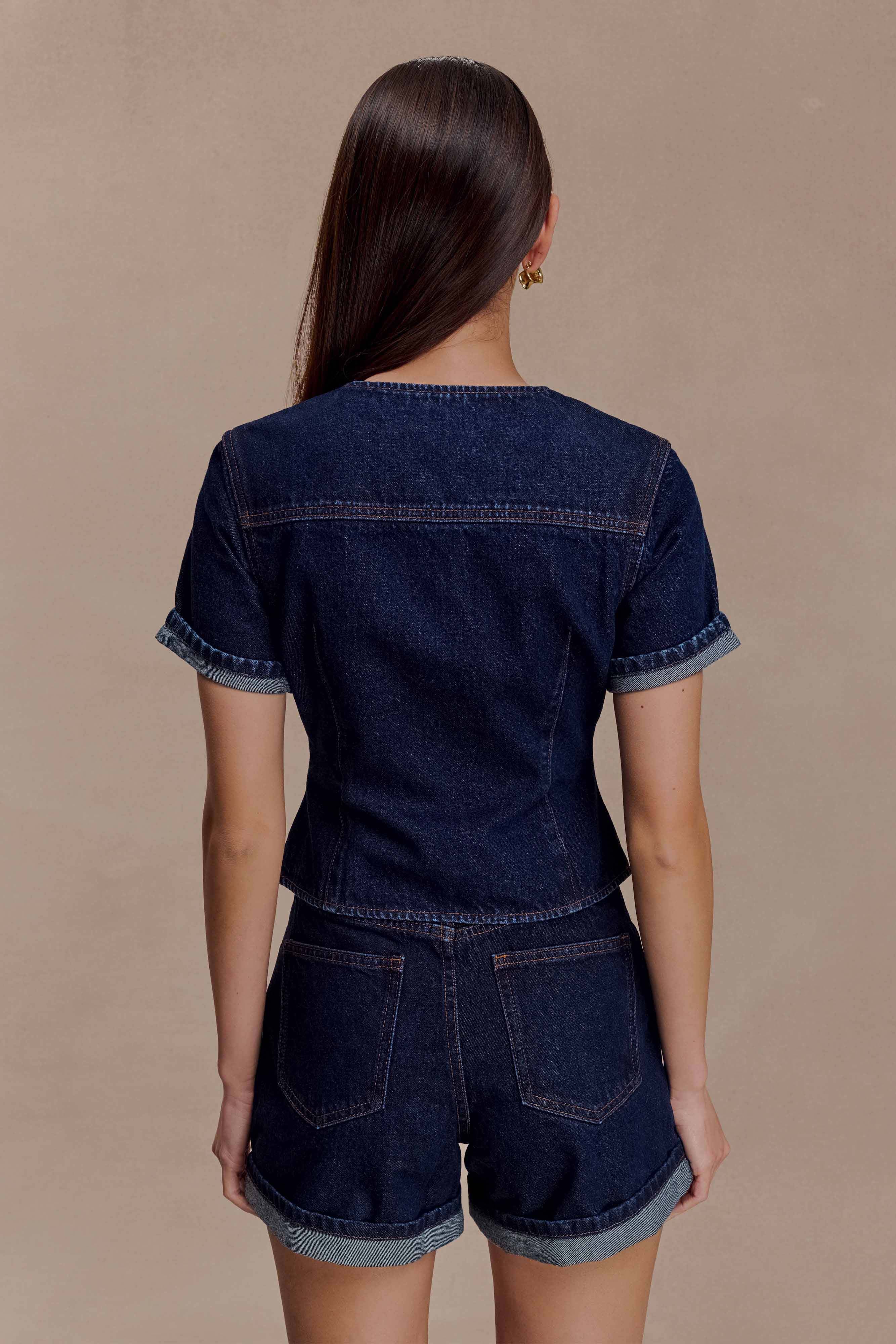 Marge Fitted Denim Short Sleeve Top - Indigo Blue - Image 4