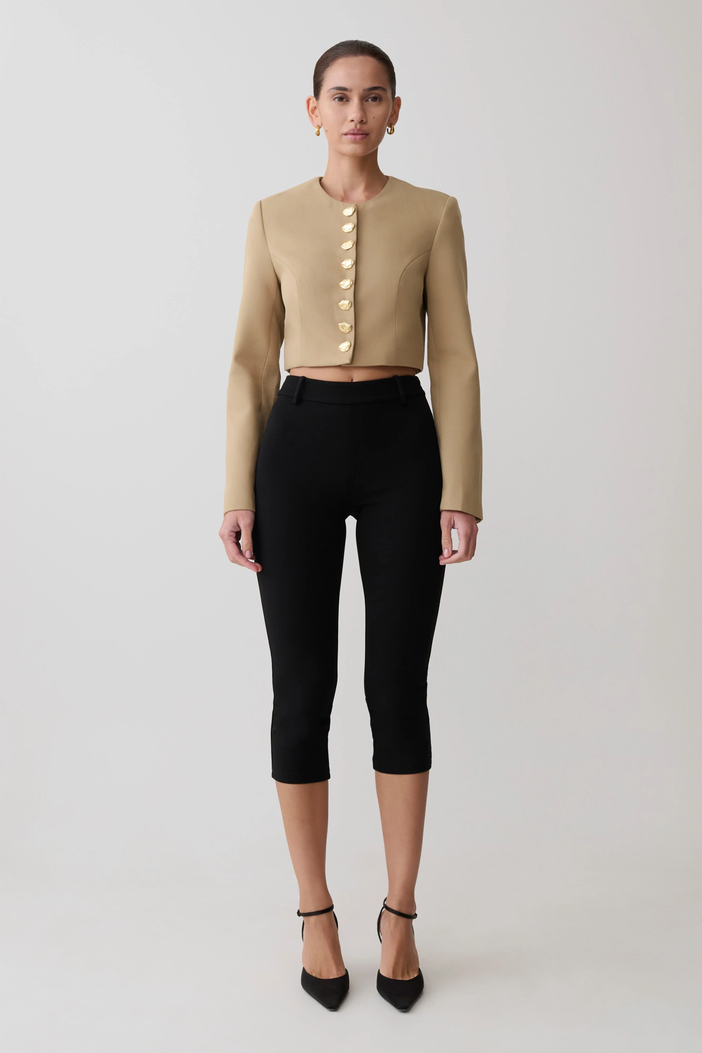 Marielle Button Up Cropped Jacket - Taupe - Image 5