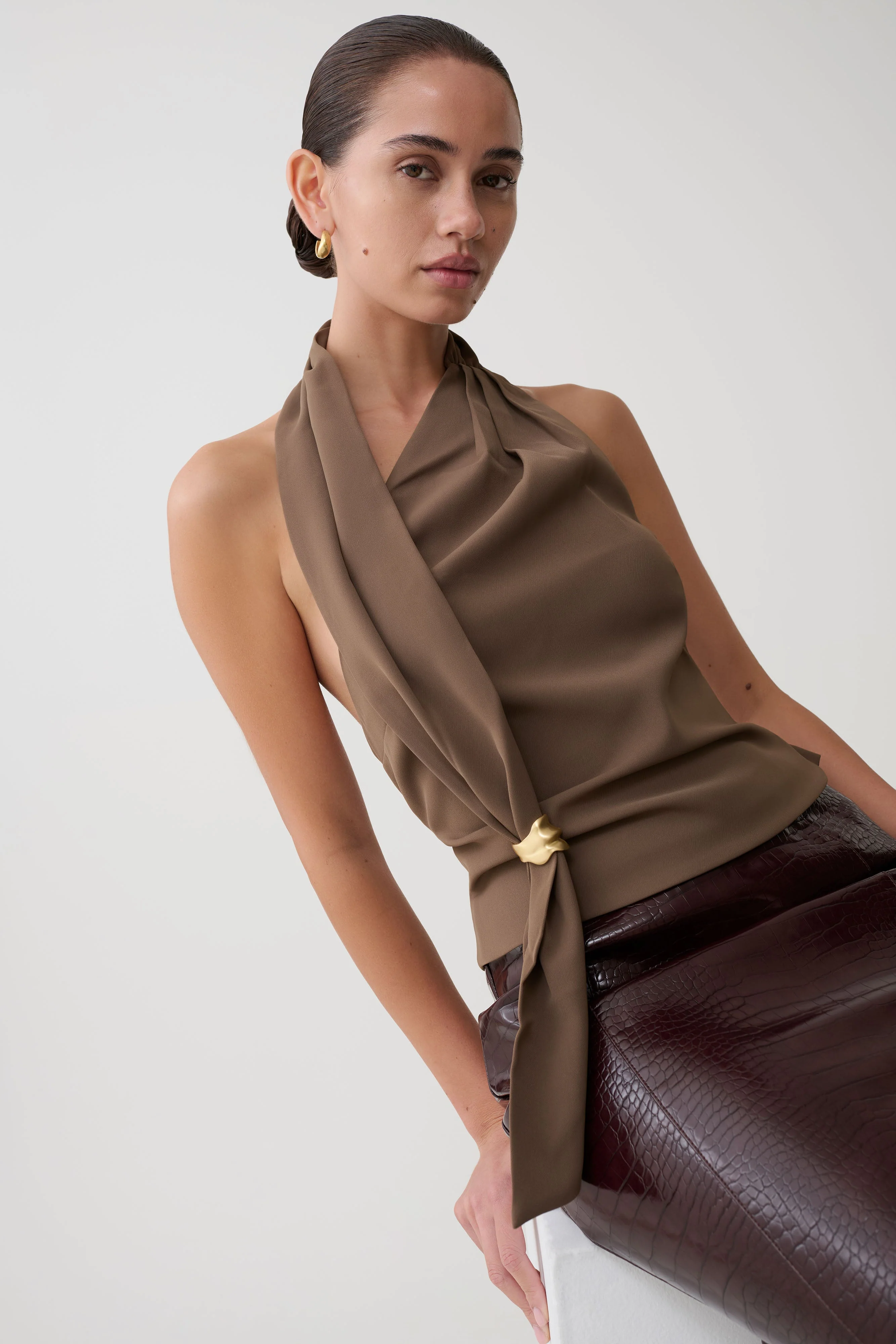 Marina Halter Top With Hardware - Cacao Brown - Image 5