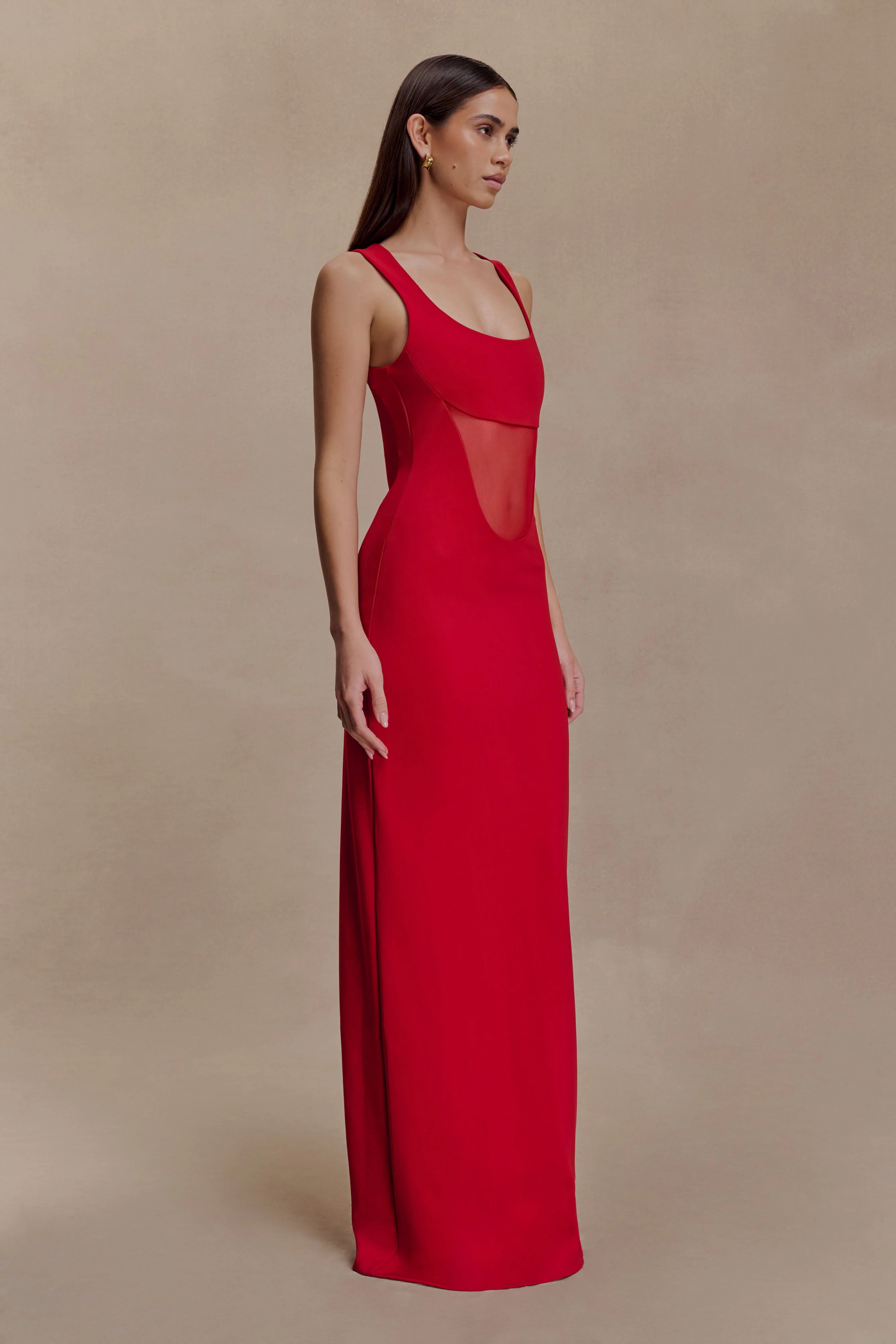 Marlon Crepe And Mesh Maxi Dress - Cherry Red - Image 3