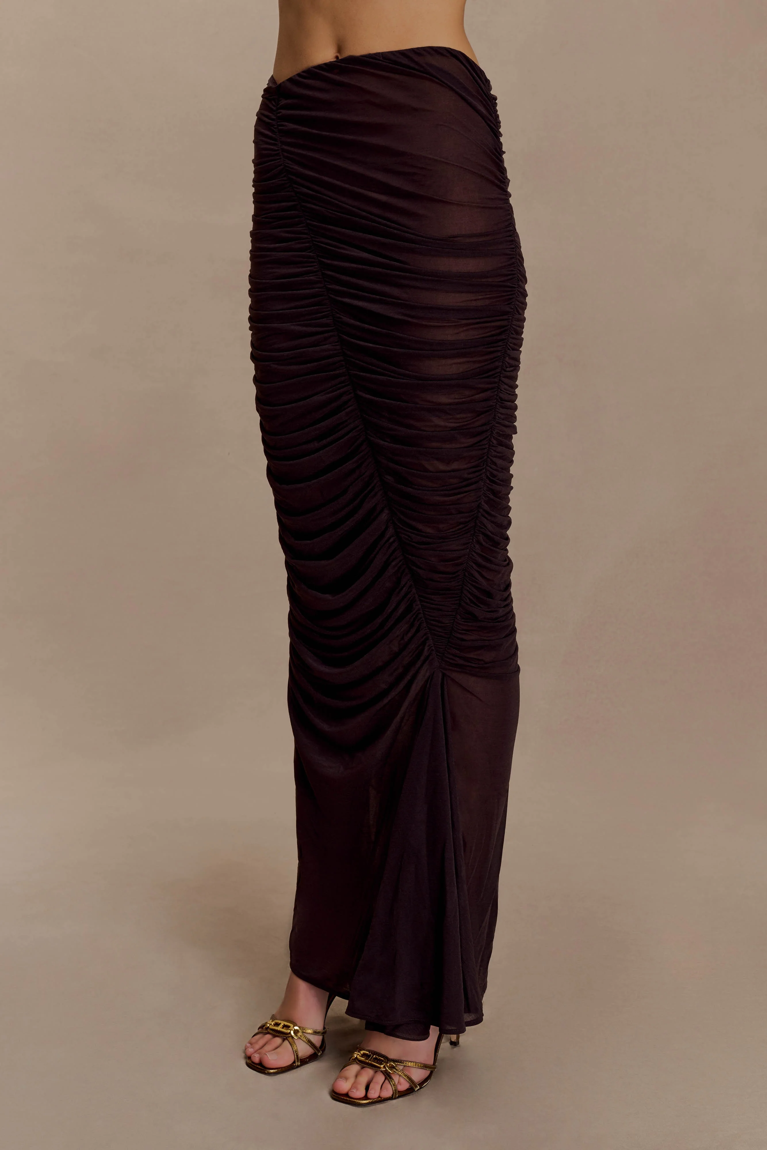 Matilda Ruched Mesh Maxi Skirt - Chocolate - Image 5