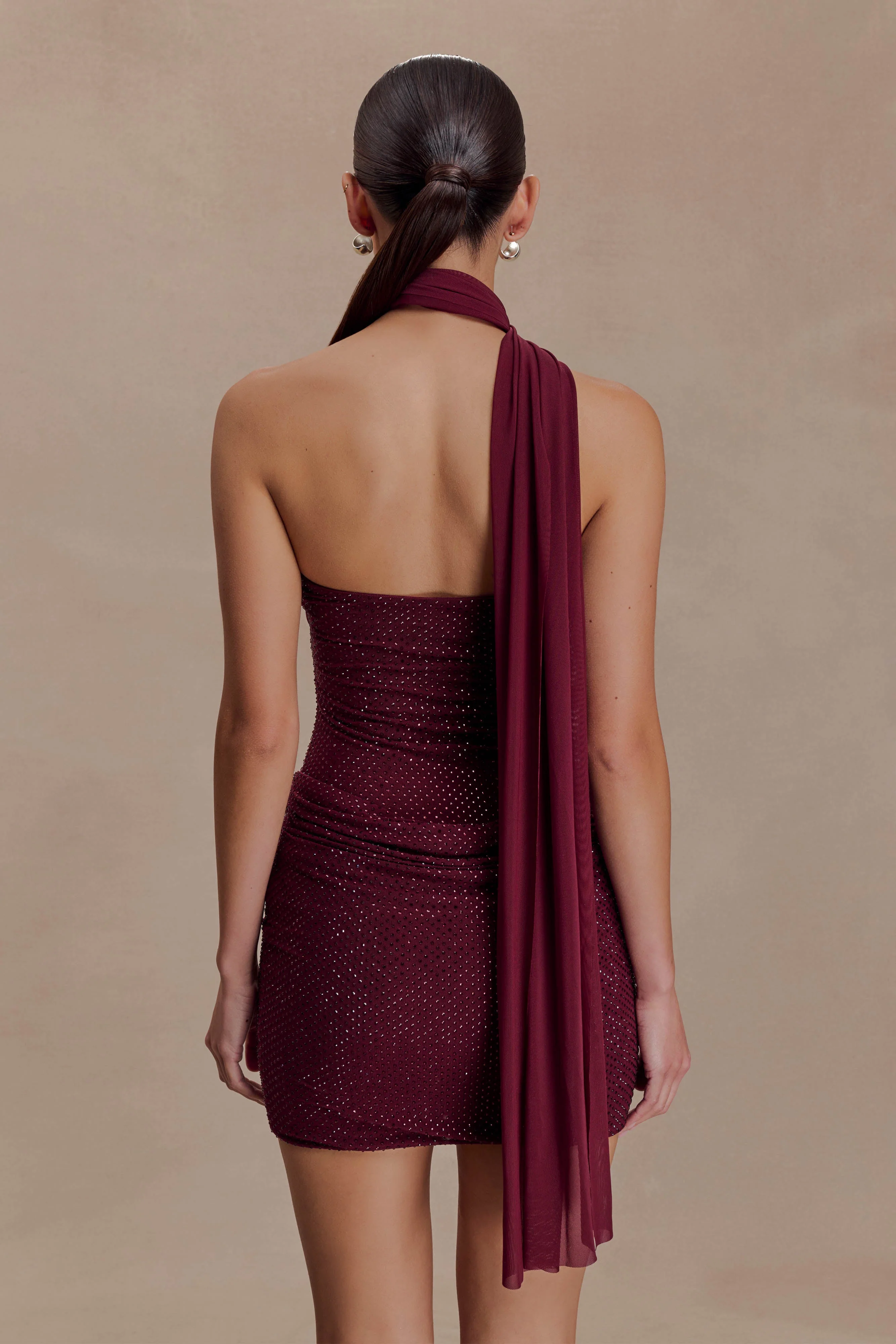 Mattea Diamante Mini Dress With Scarf - Plum - Image 2