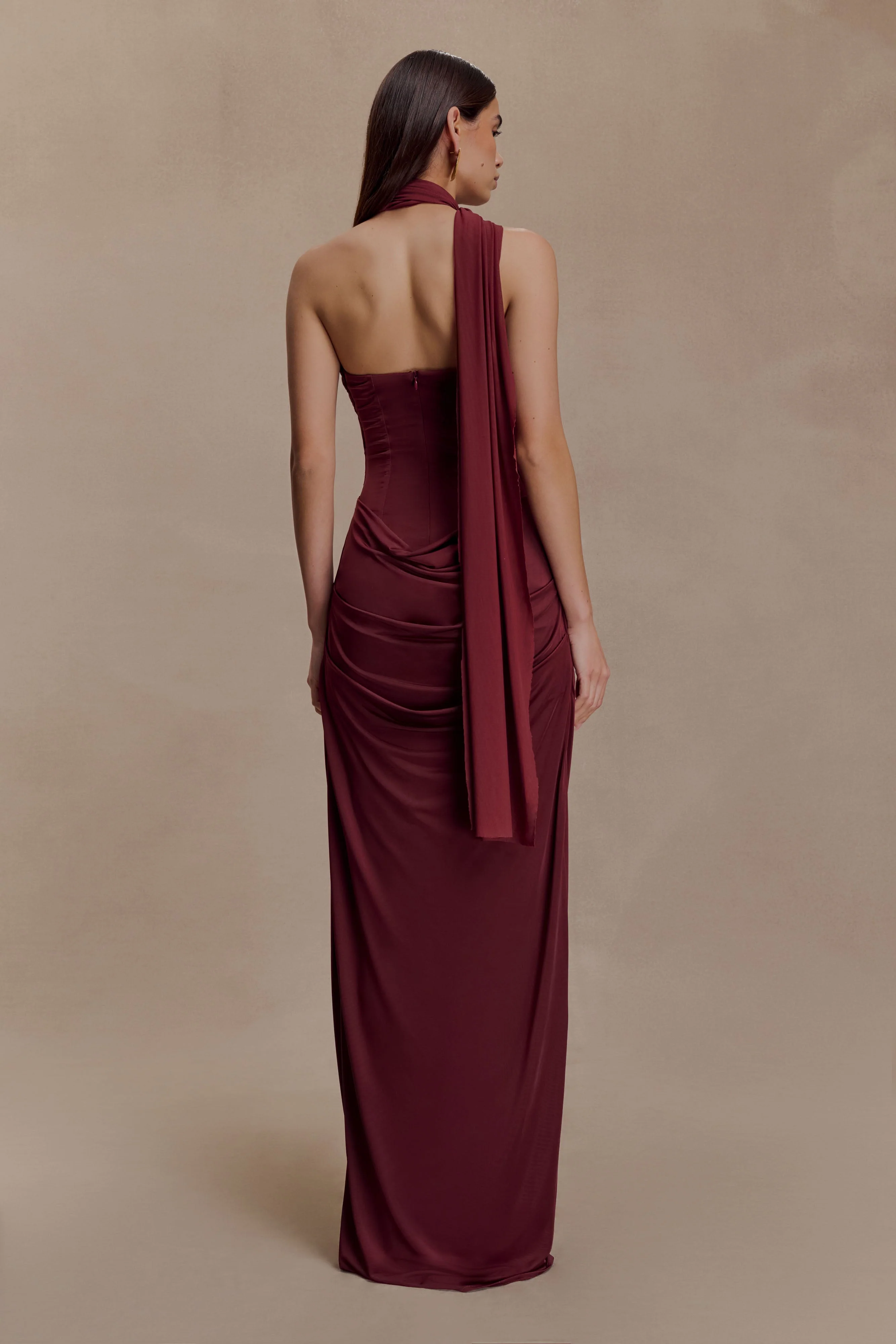 Mattea Slinky And Mesh Maxi Dress With Scarf - Burgundy - Image 2