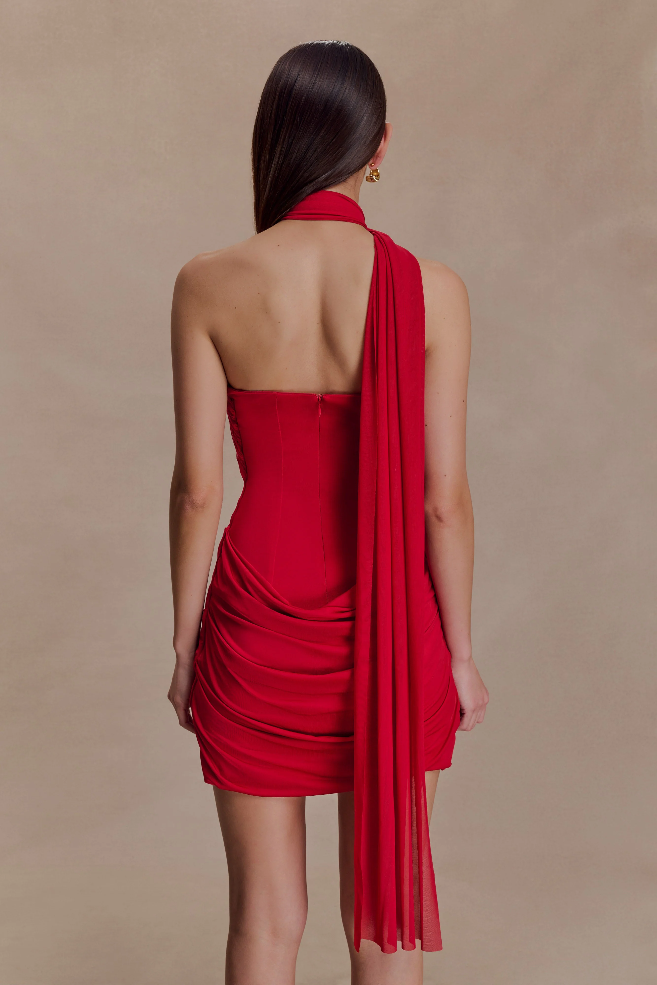 Mattea Slinky And Mesh Mini Dress With Scarf - Red - Image 2