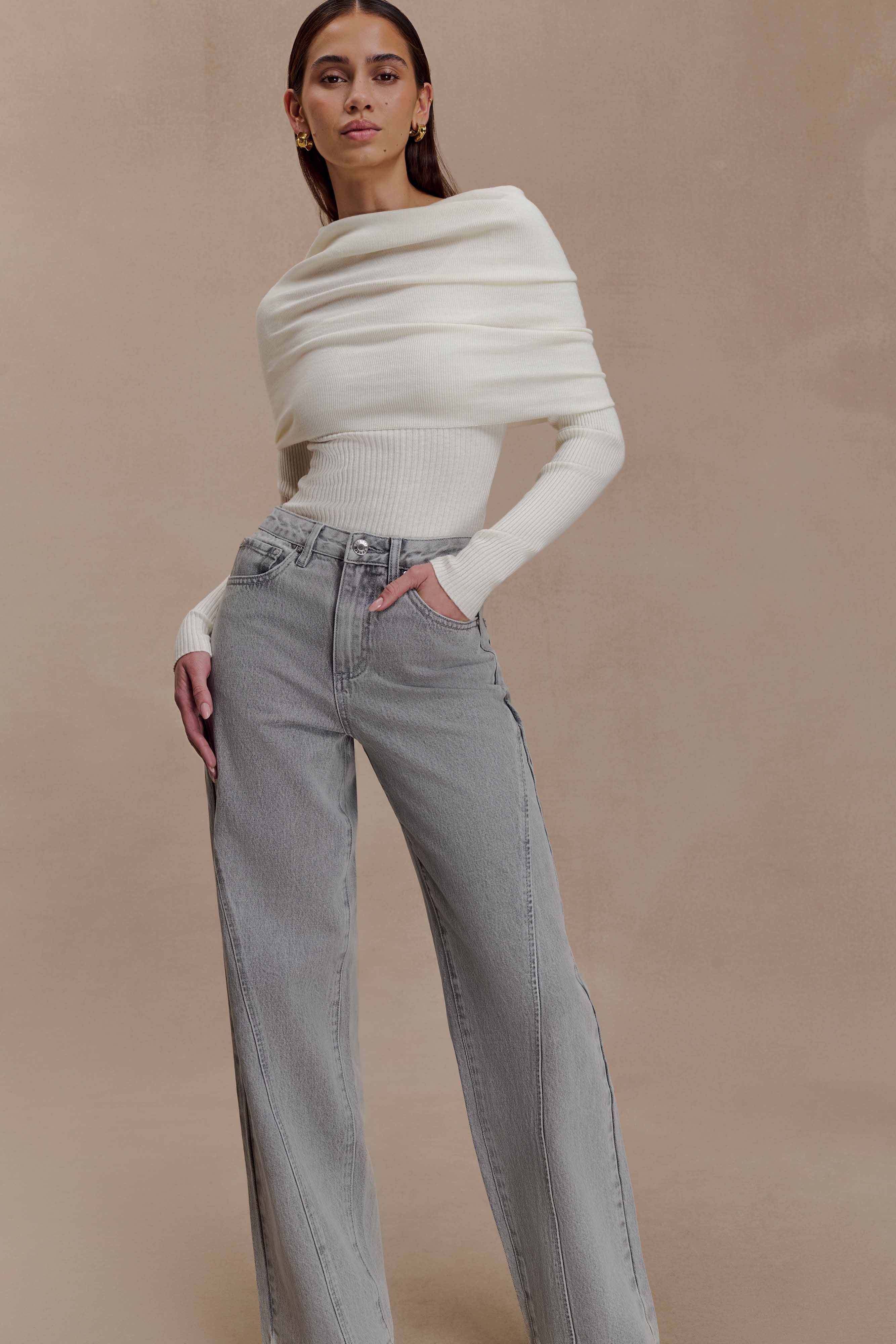 Mazie Asymetrical Cashmere Blend Long Sleeve Knit Top - Ivory - Image 3