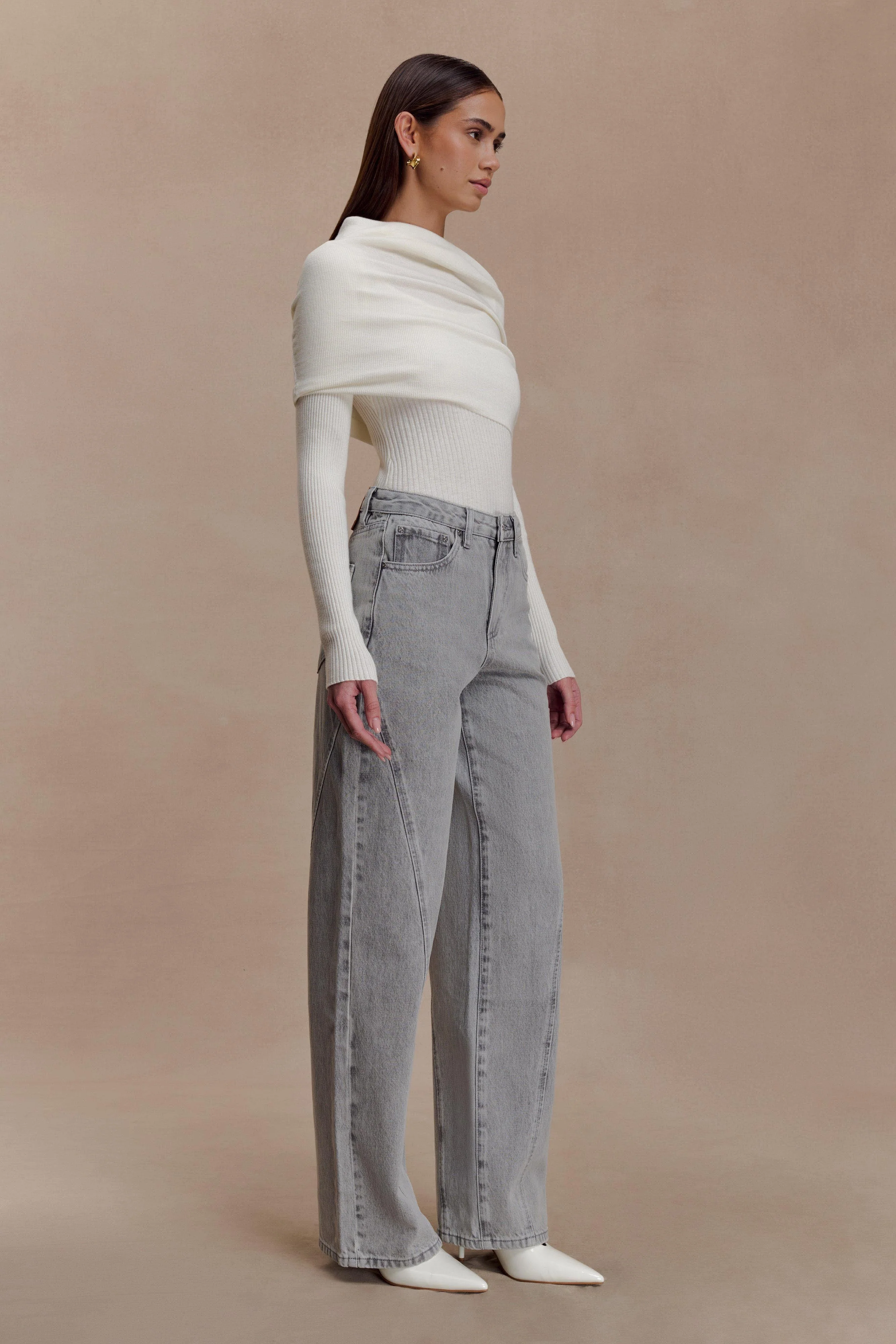 Mazie Asymetrical Cashmere Blend Long Sleeve Knit Top - Ivory - Image 4