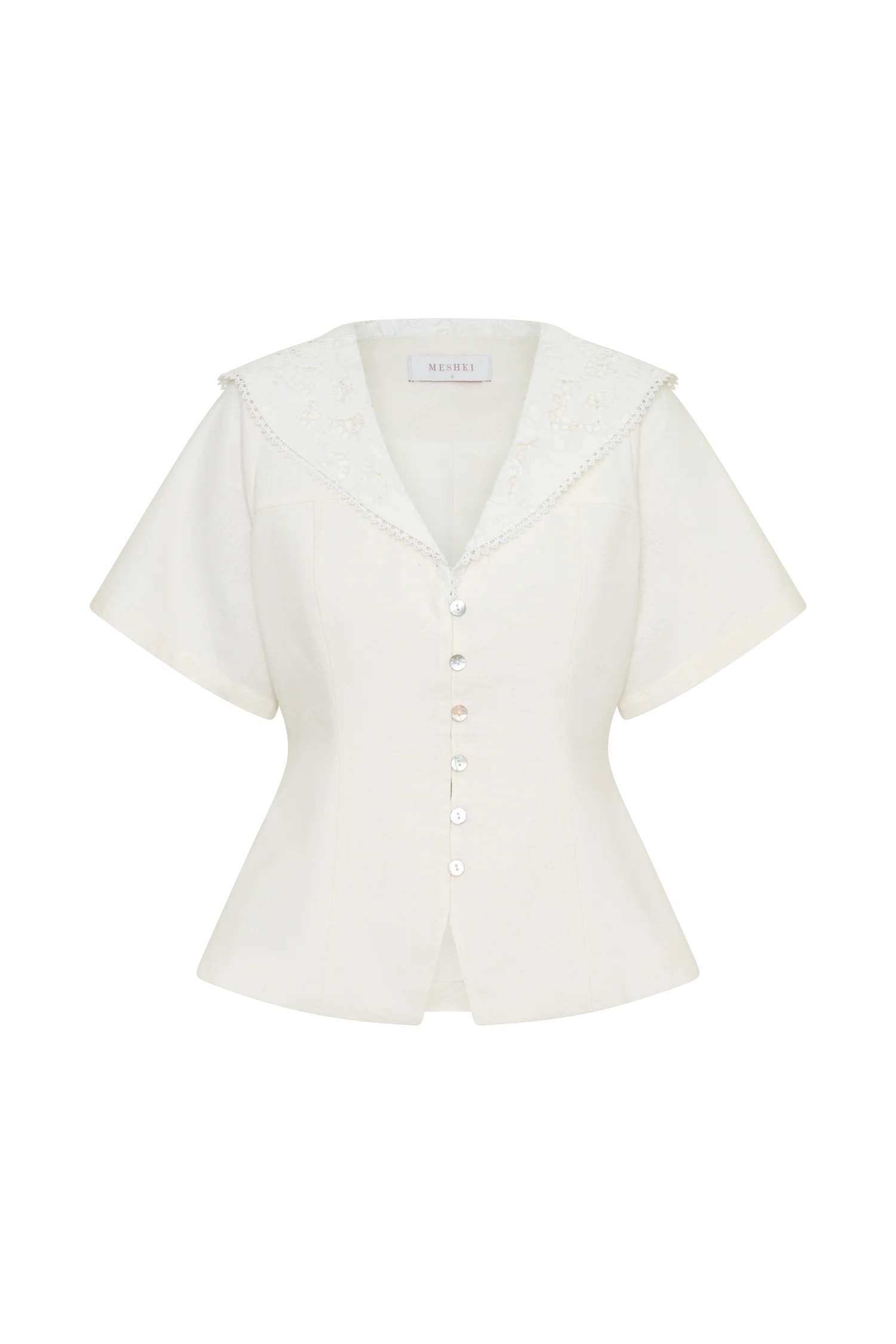 Melody Short Sleeve Shirt With Lace Collar - White - Image 11