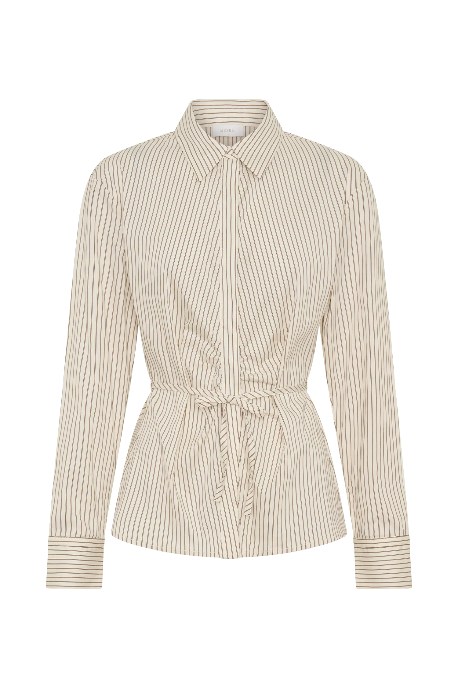 Millie Tie Back Cotton Shirt - Beige Pinstripe - Image 11