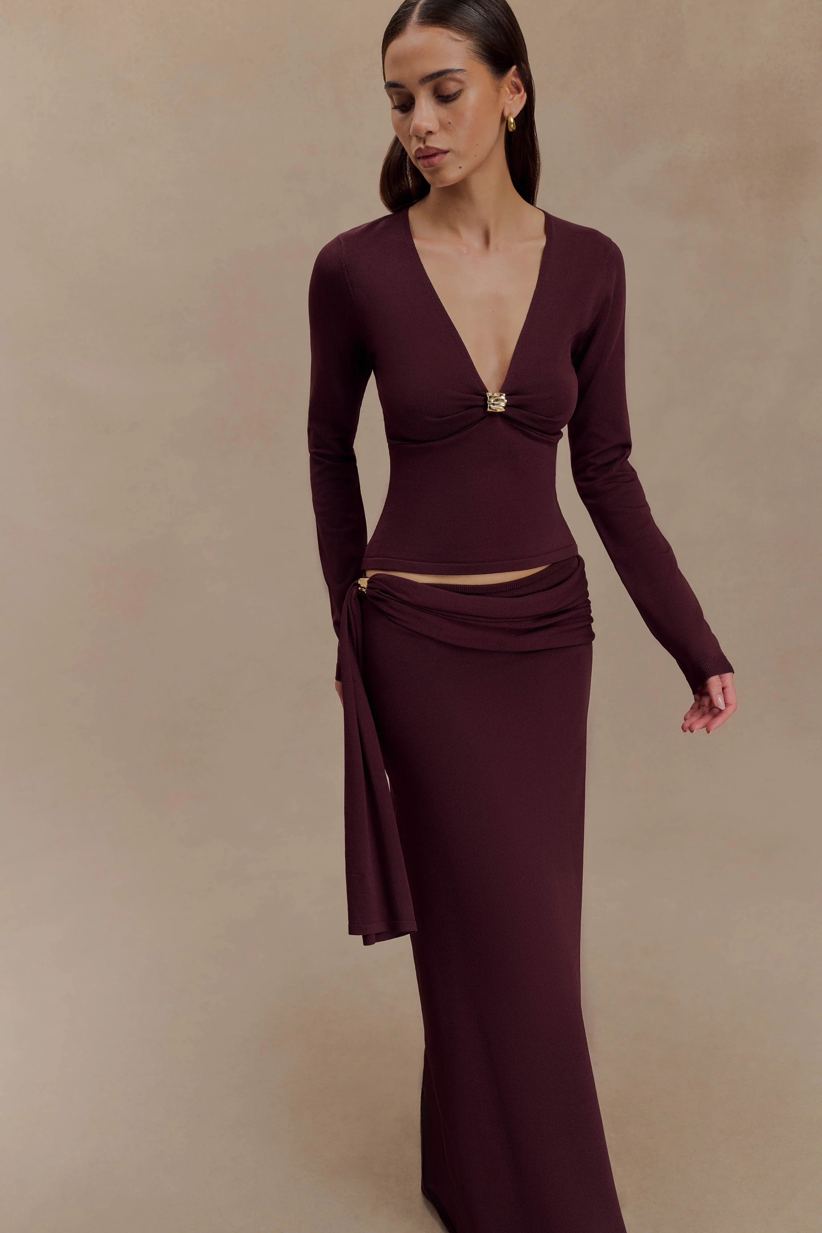 Miraby Front Ruched Knit Long Sleeve Top - Dark Chocolate - Image 5