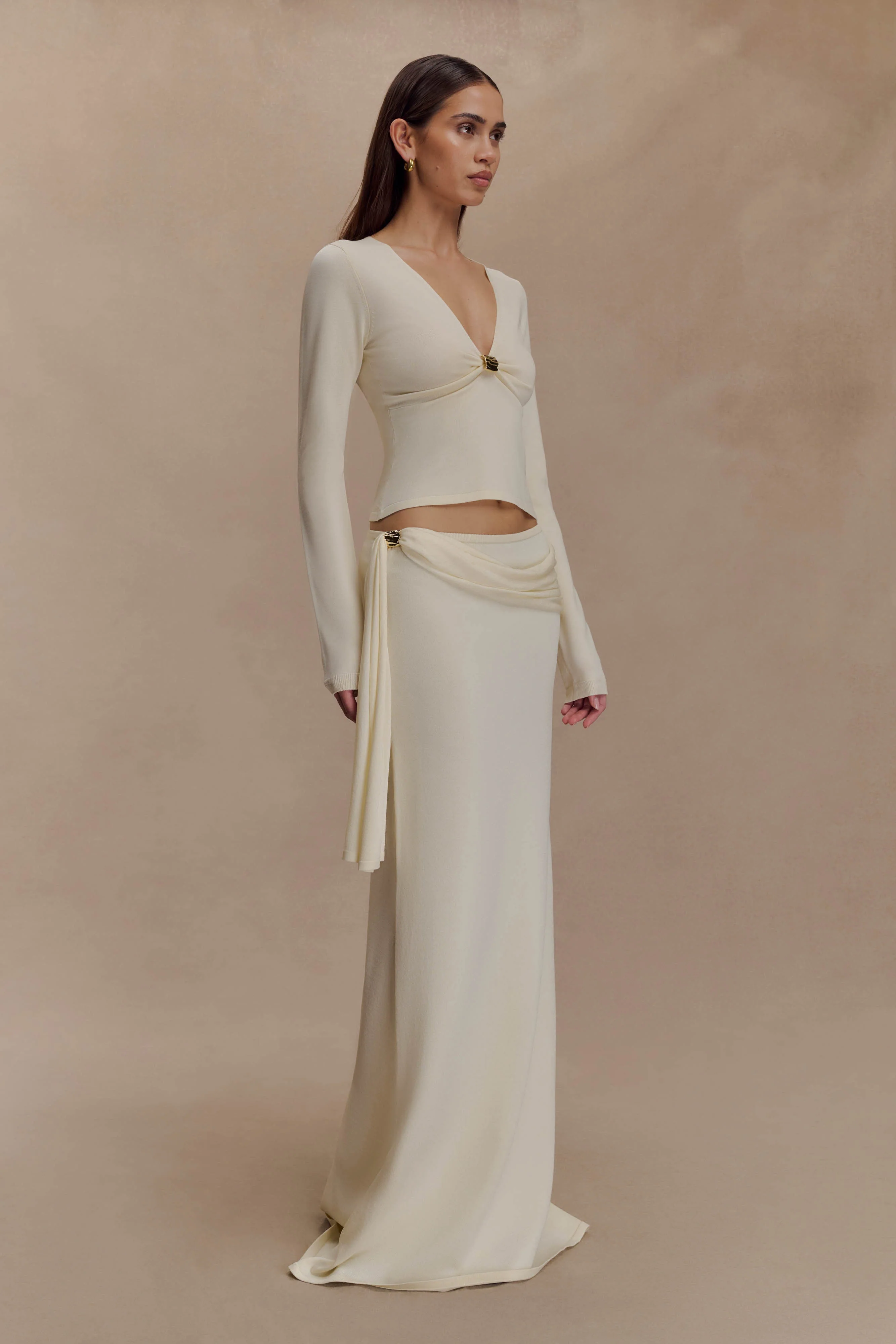 Miraby Front Ruched Knit Long Sleeve Top - Ivory - Image 4