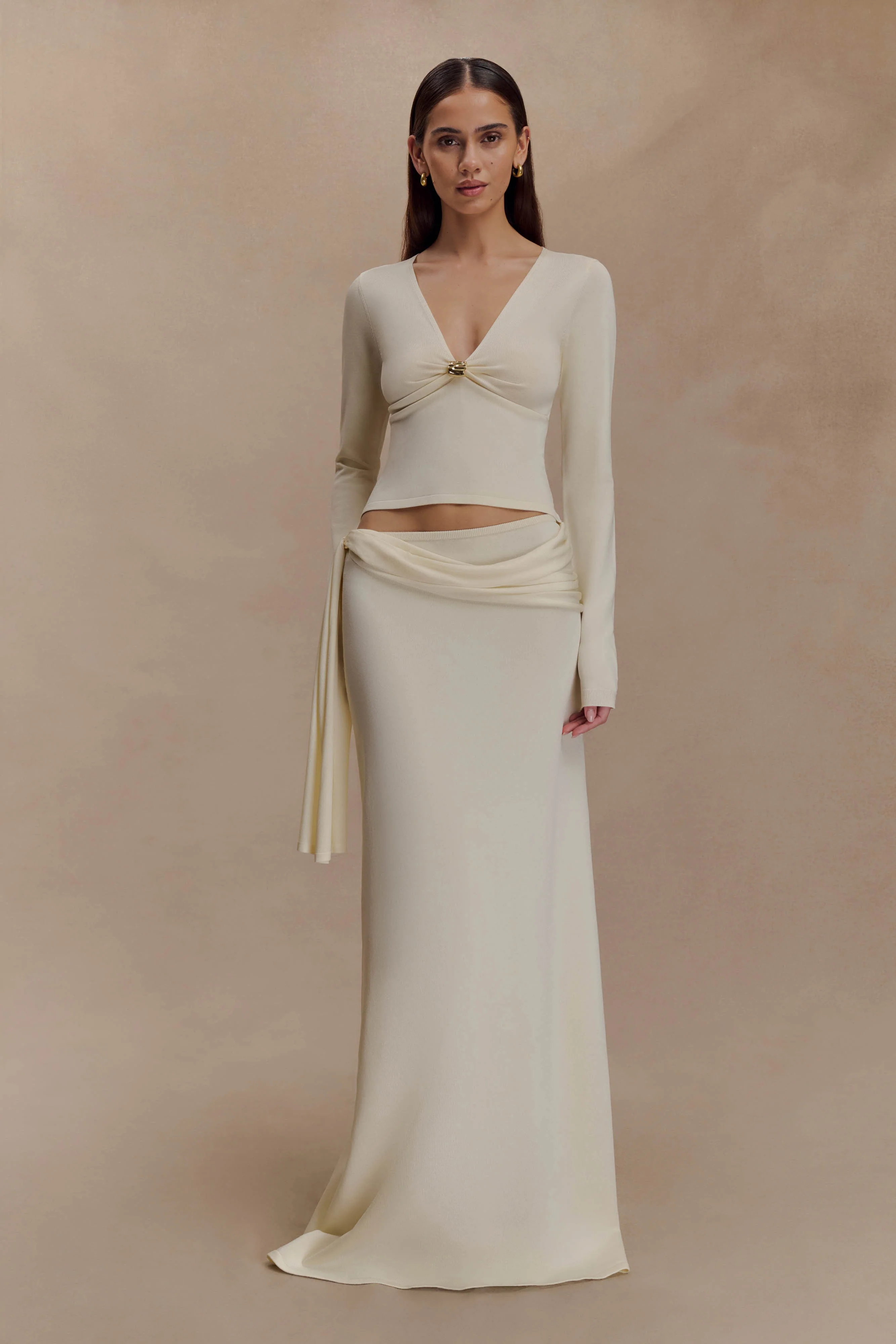 Miraby Front Ruched Knit Long Sleeve Top - Ivory - Image 7