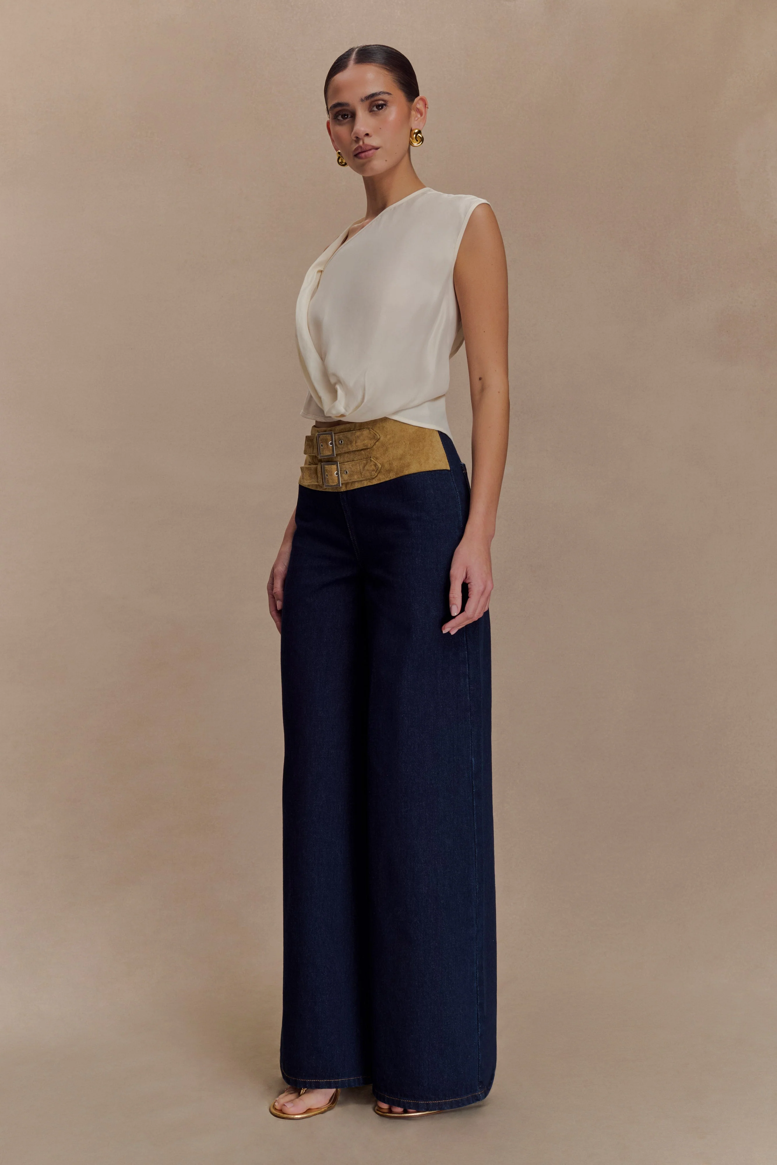 Miranda Faux Suede Belted Denim Wide Leg Jeans - Indigo Blue - Image 4