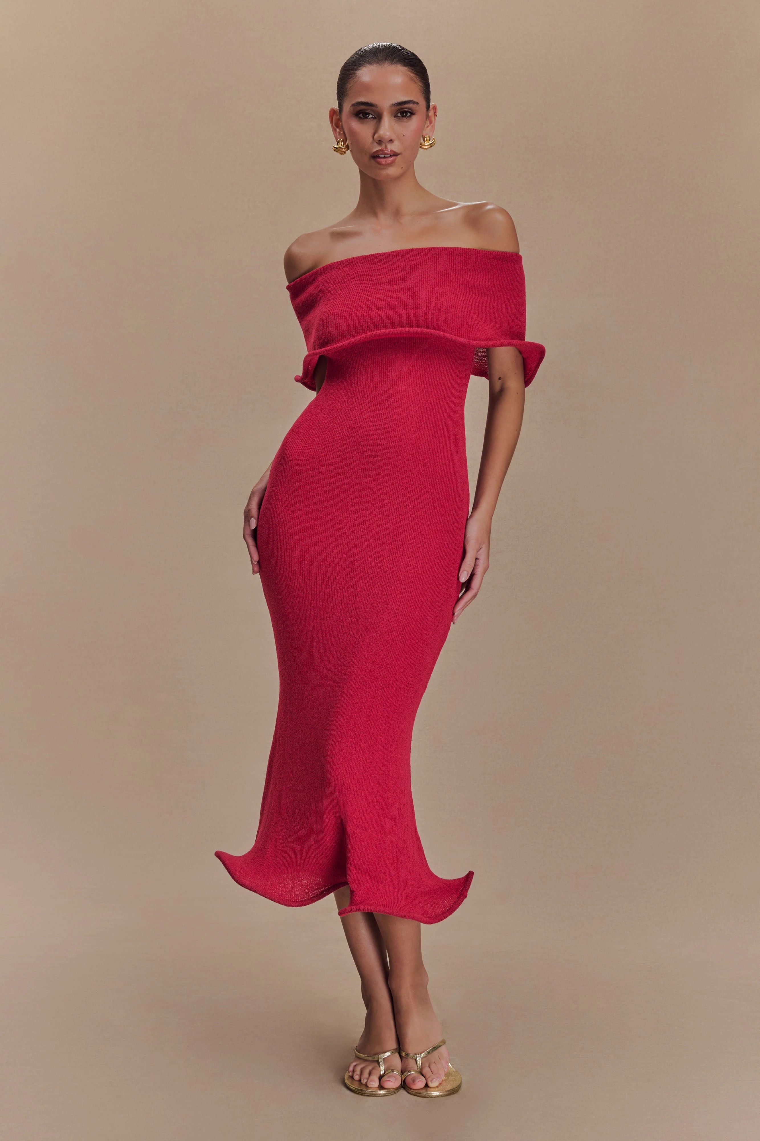 Molly Off Shoulder Knit Midi Dress - Raspberry - Image 4